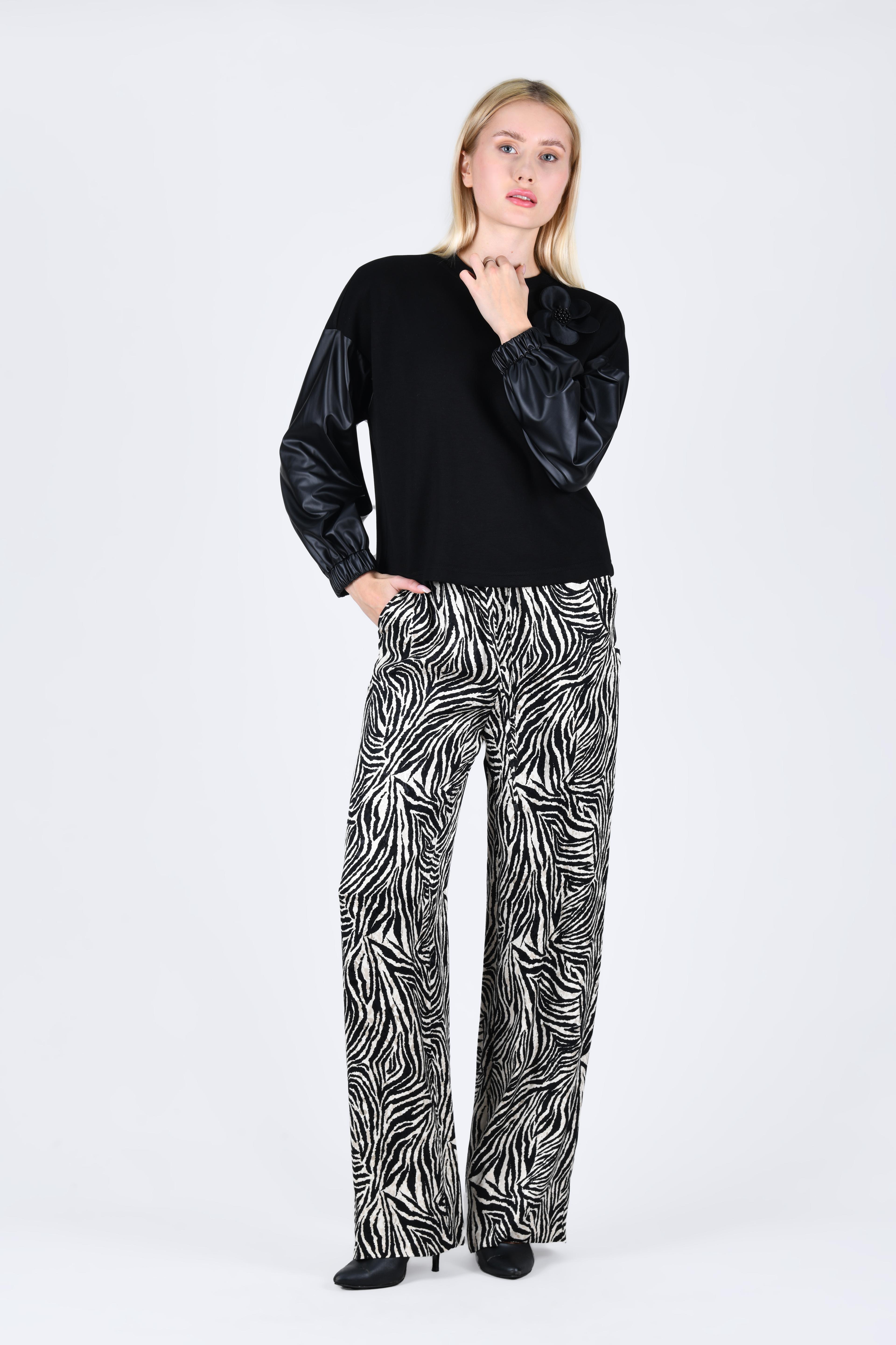 Siyah Ecru Desenli Bol Pantolon - QP152