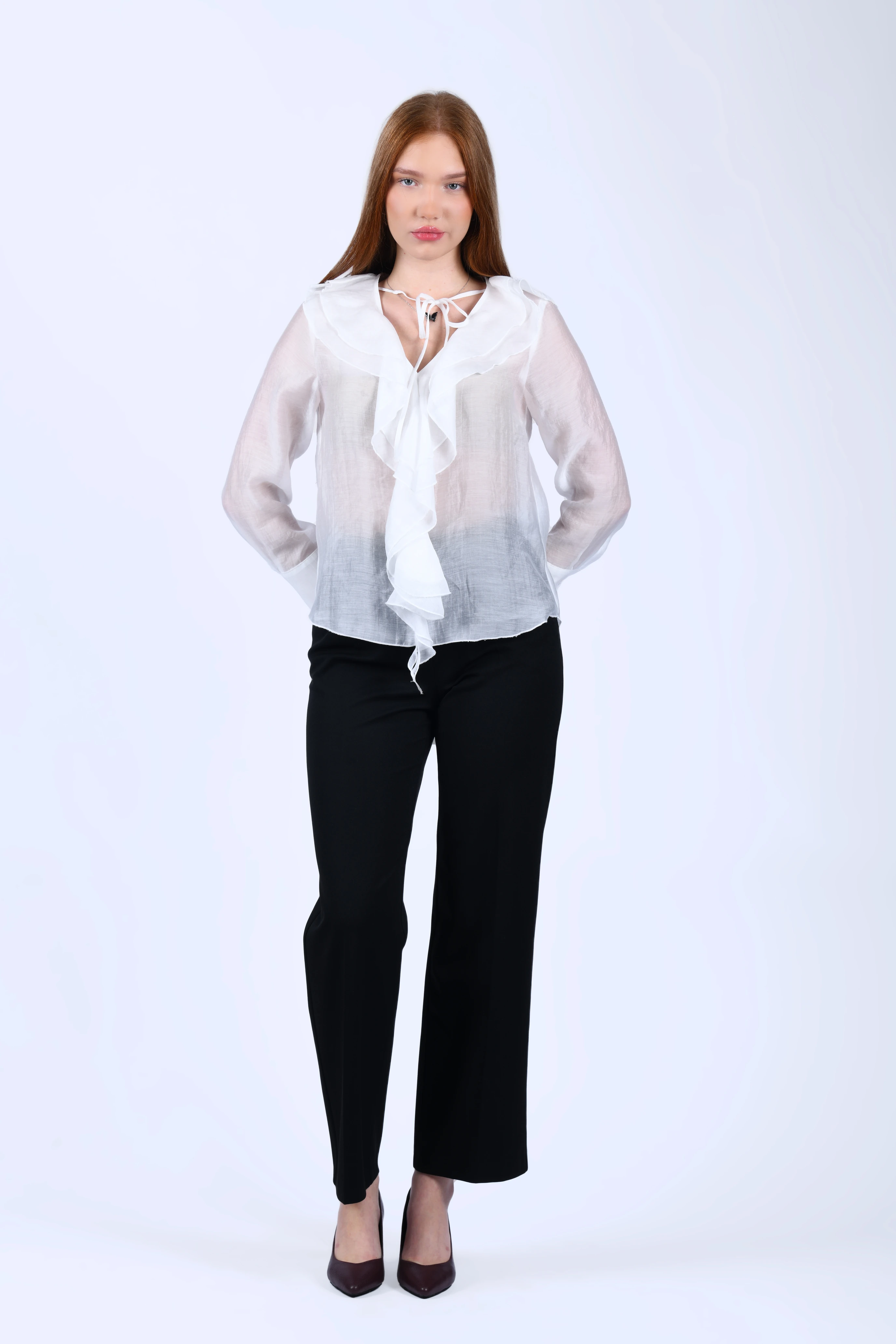 Ecru Volanlı Tül Bluz - QB201