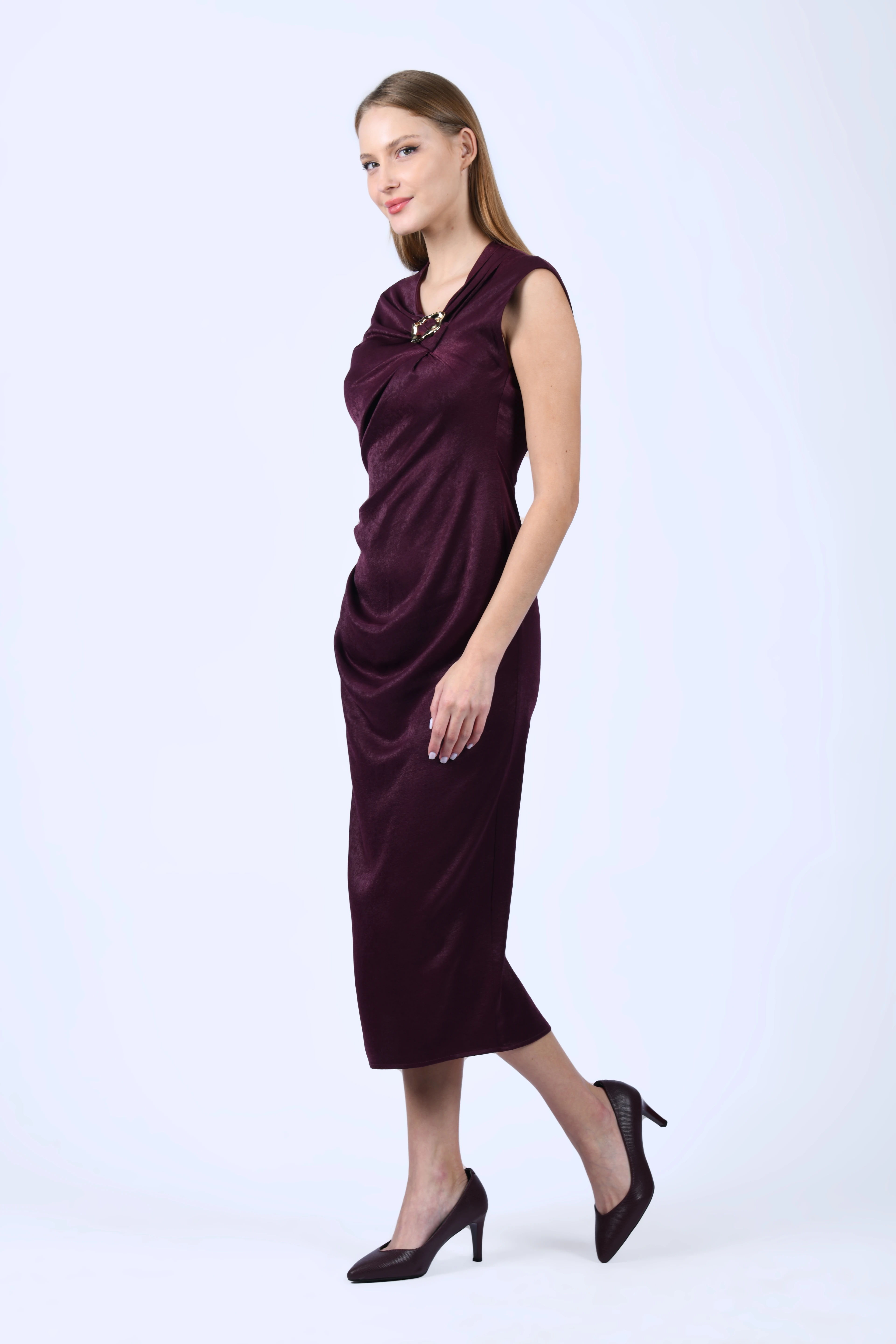 Bordo Yakası Tokalı Midi Elbise - QE389