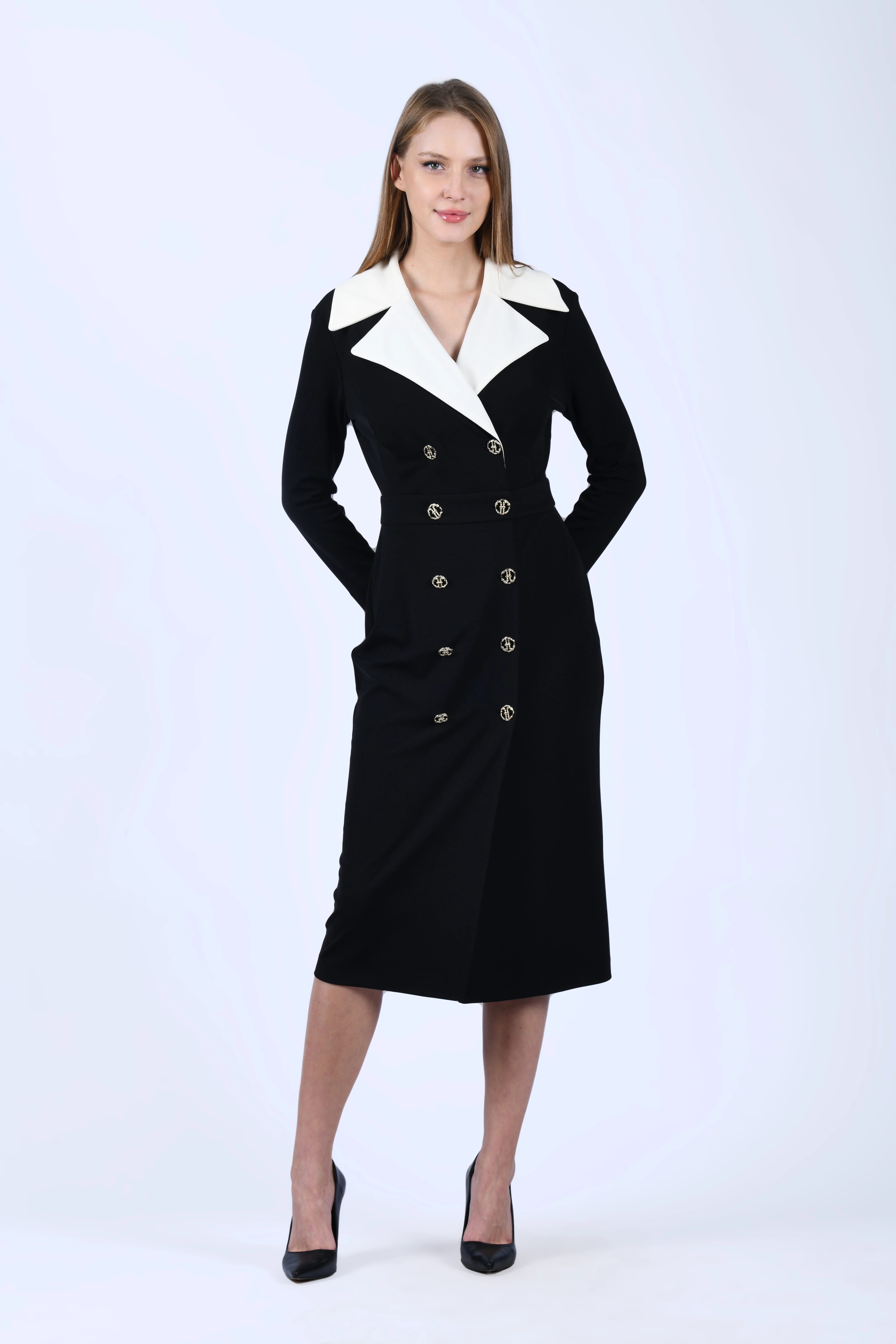 Siyah Kruvaze Geniş Yaka Elbise -  QE388