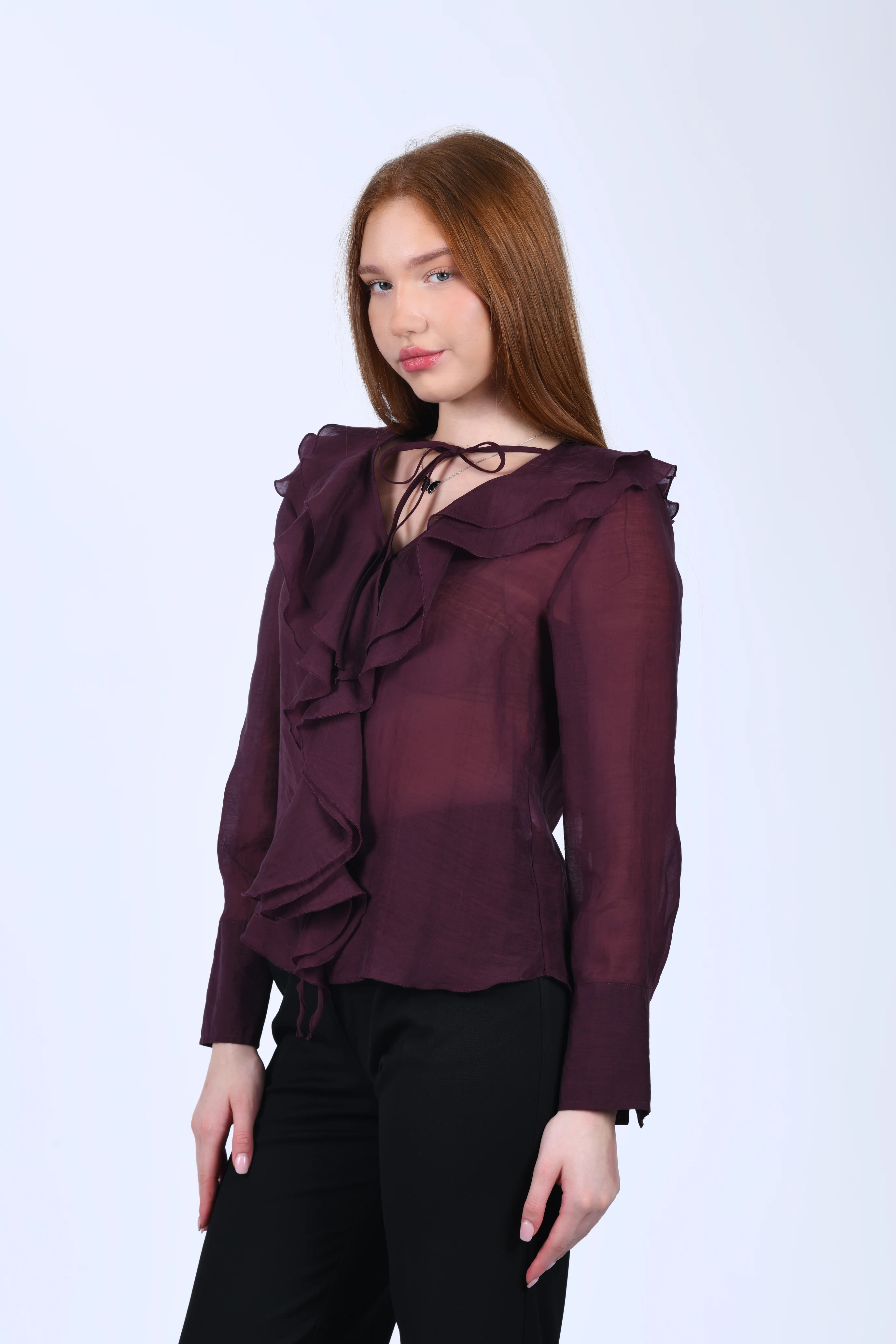 Bordo Volanlı Tül Bluz - QB201