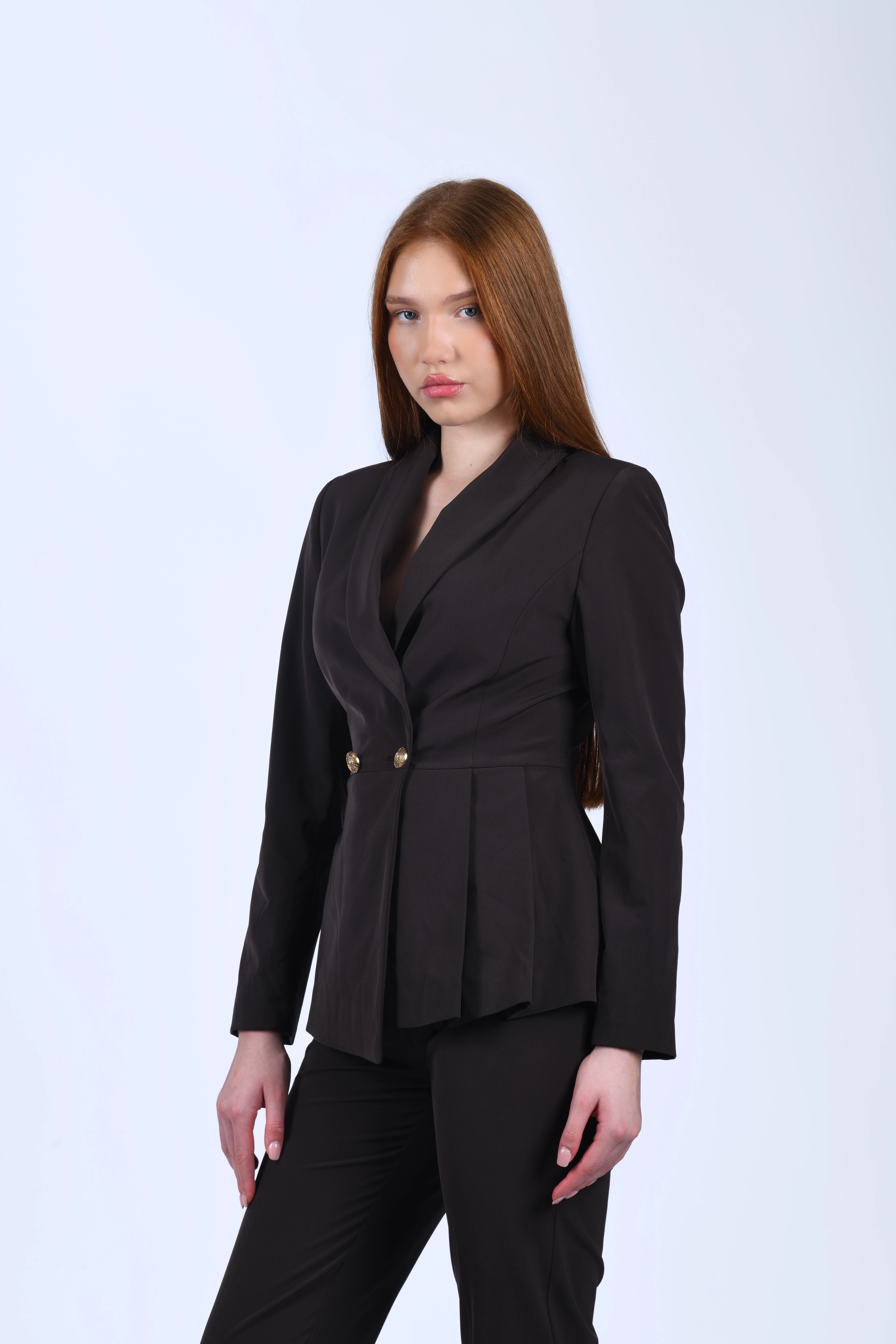 Kahve Yanı Pile Detaylı Blazer Ceket - QC91