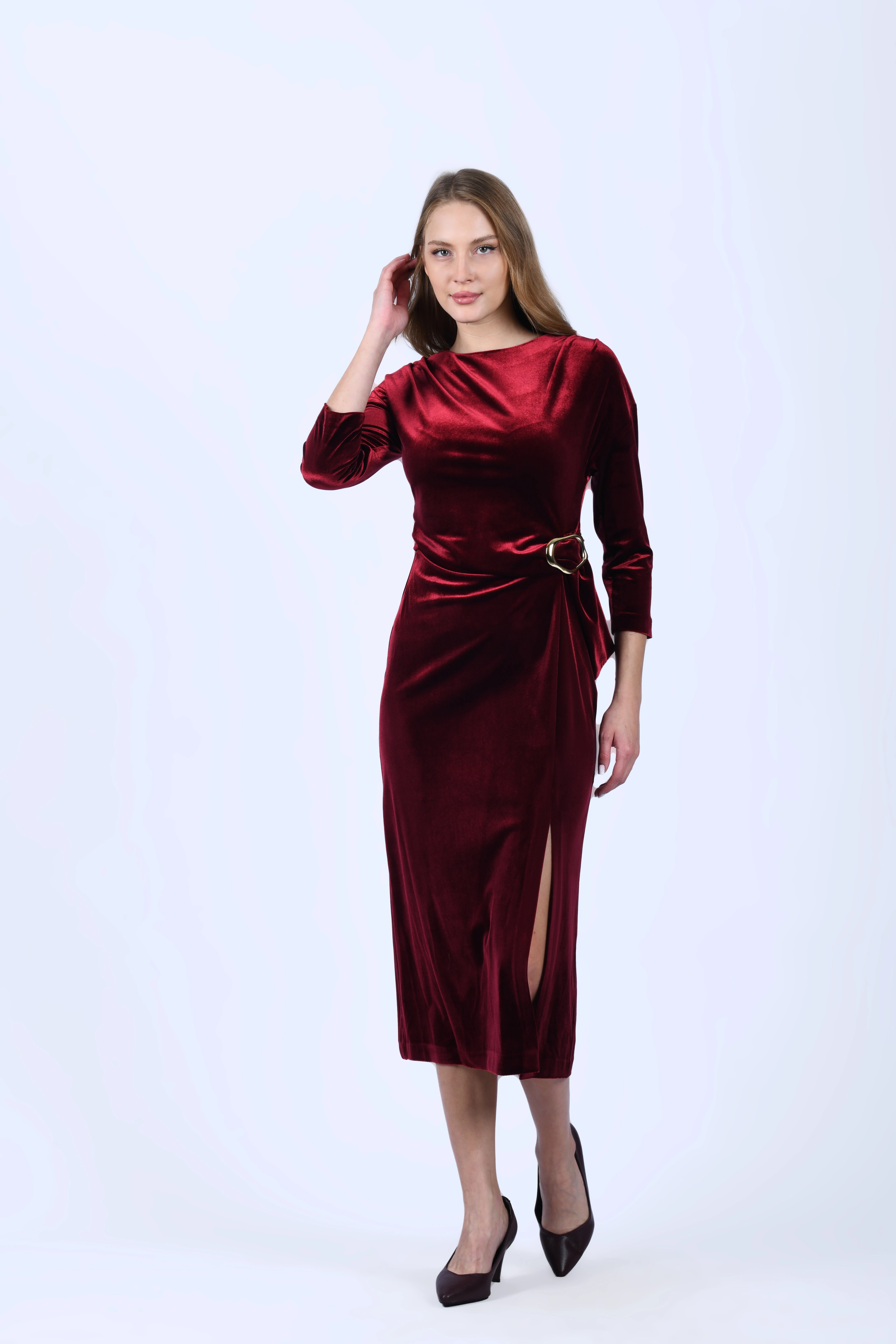 Bordo Toka Detaylı Yırtmaçlı Kadife Elbise - QE397