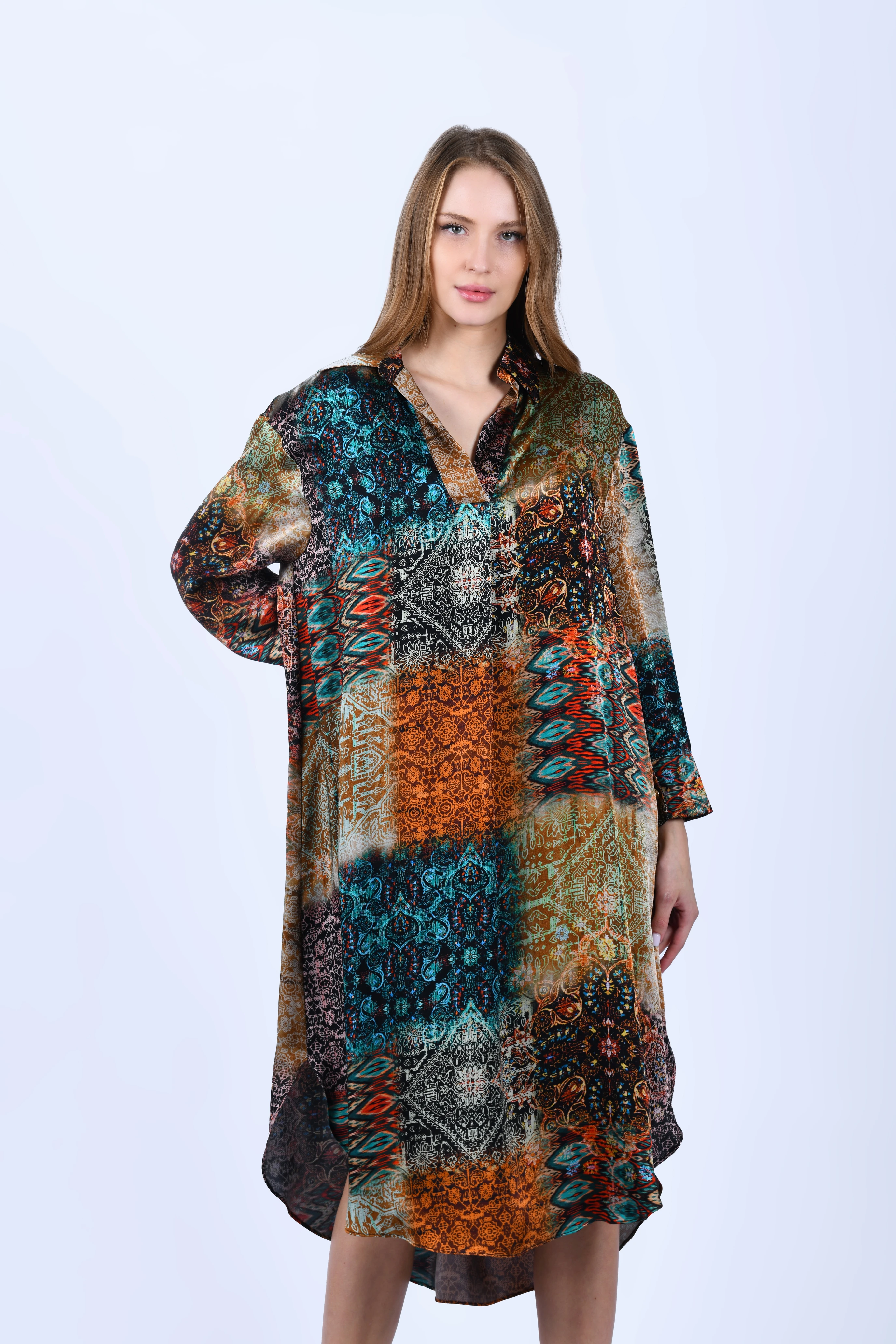 Petrol Oranj Soyut Desenli Bol Kesim Midi Elbise - LE483