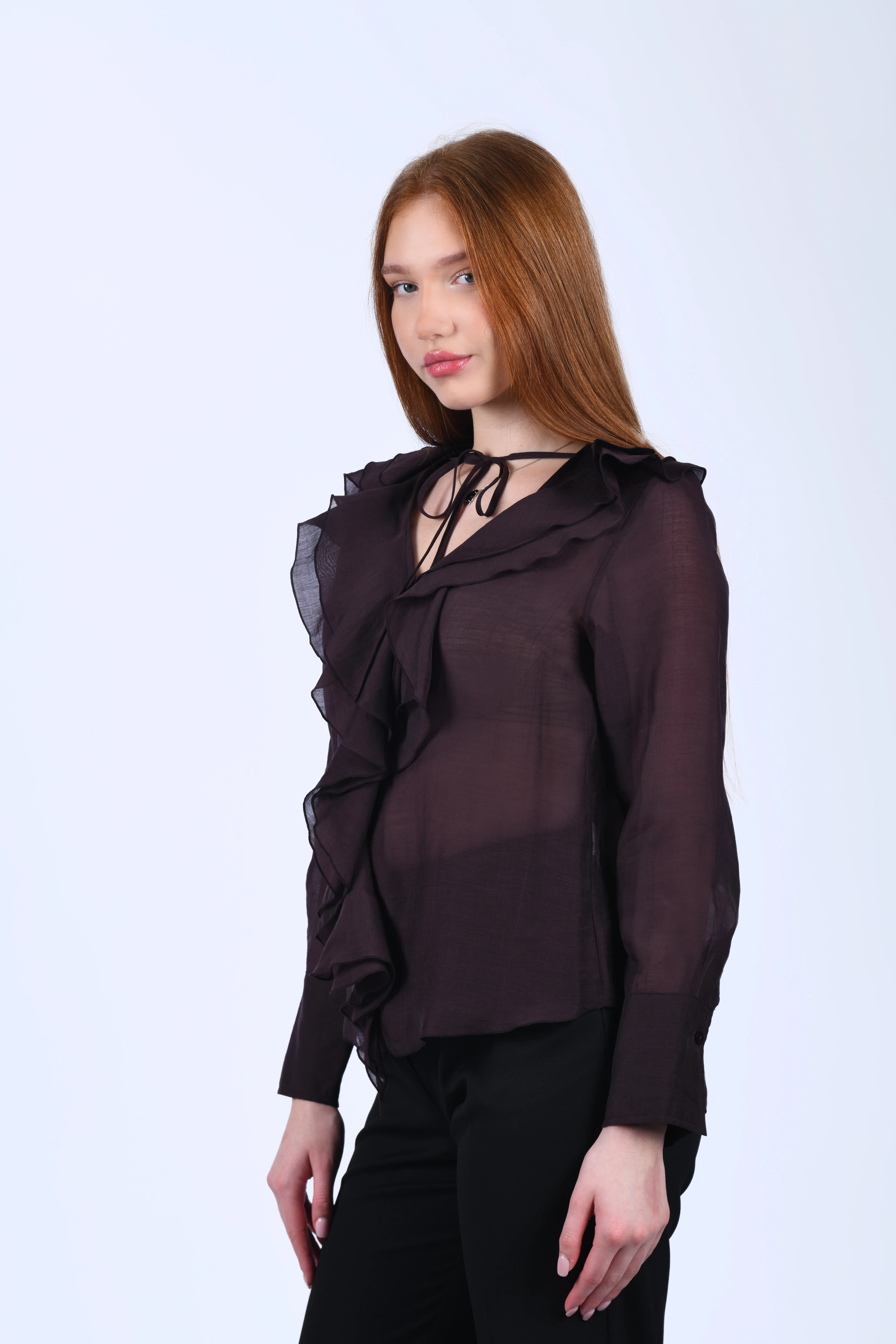 Kahve Volanlı Tül Bluz - QB201