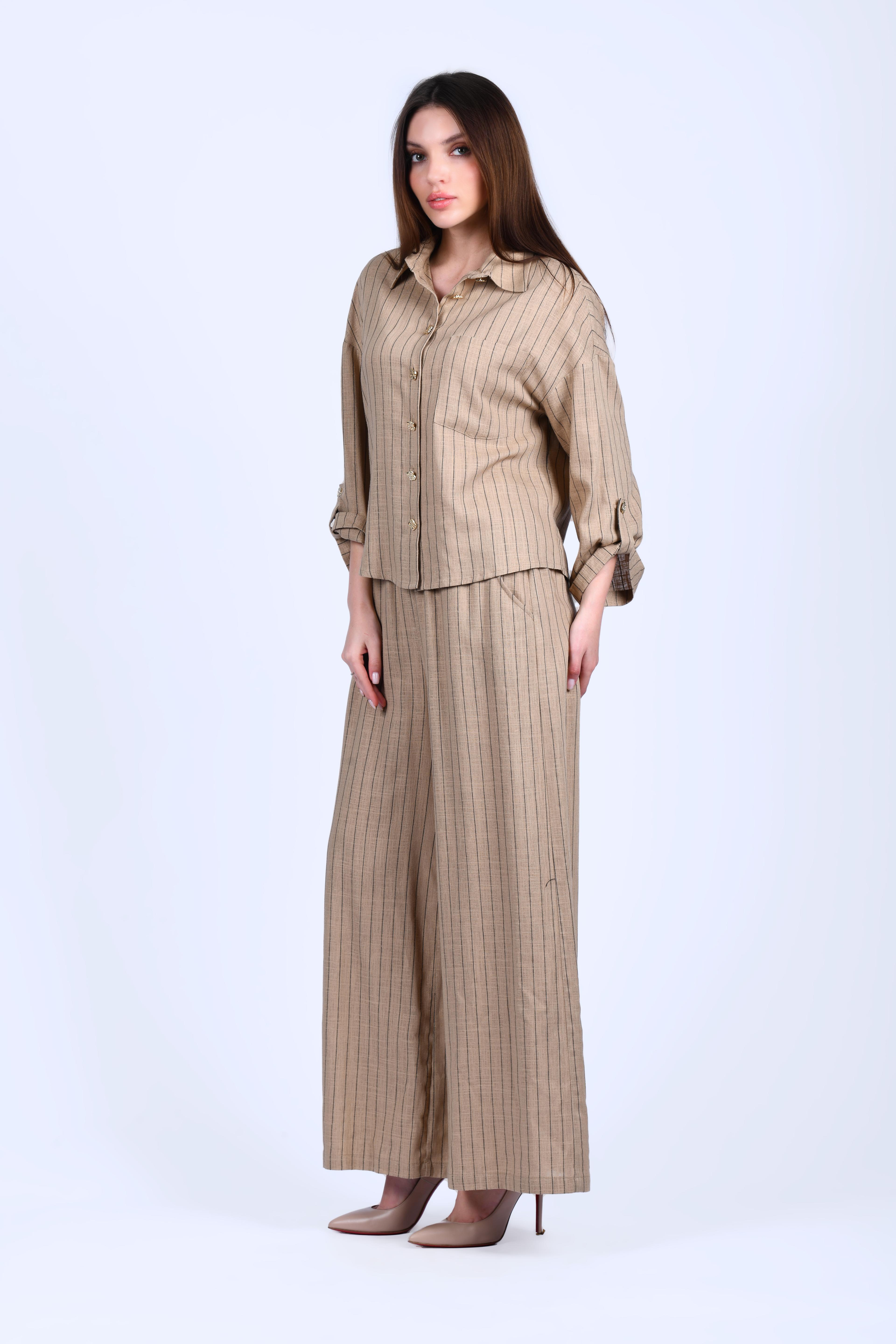 Kahve Çizgili Bol Keten Pantolon - QP170