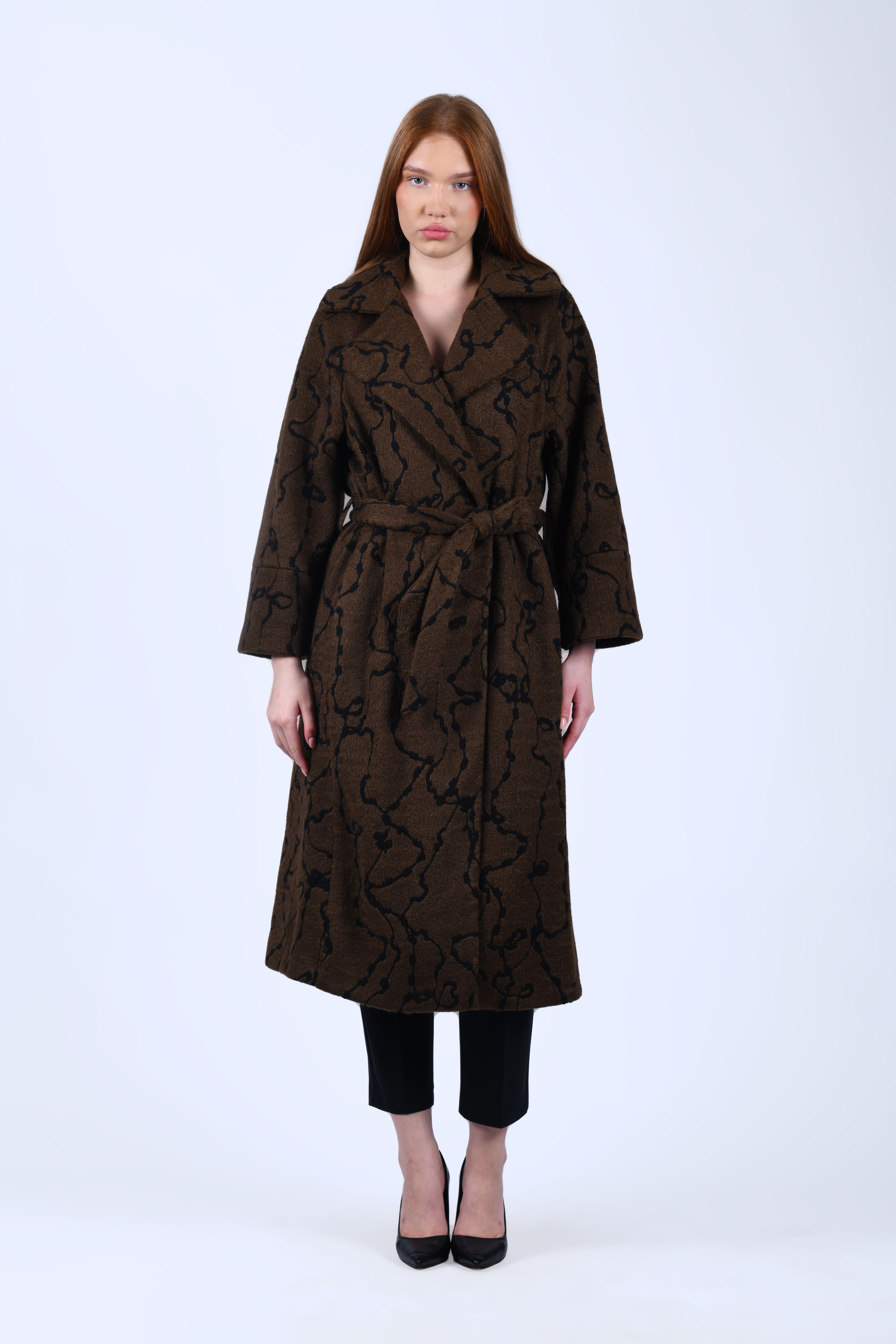 Kahve Desenli Kuşaklı Kaban - QK35