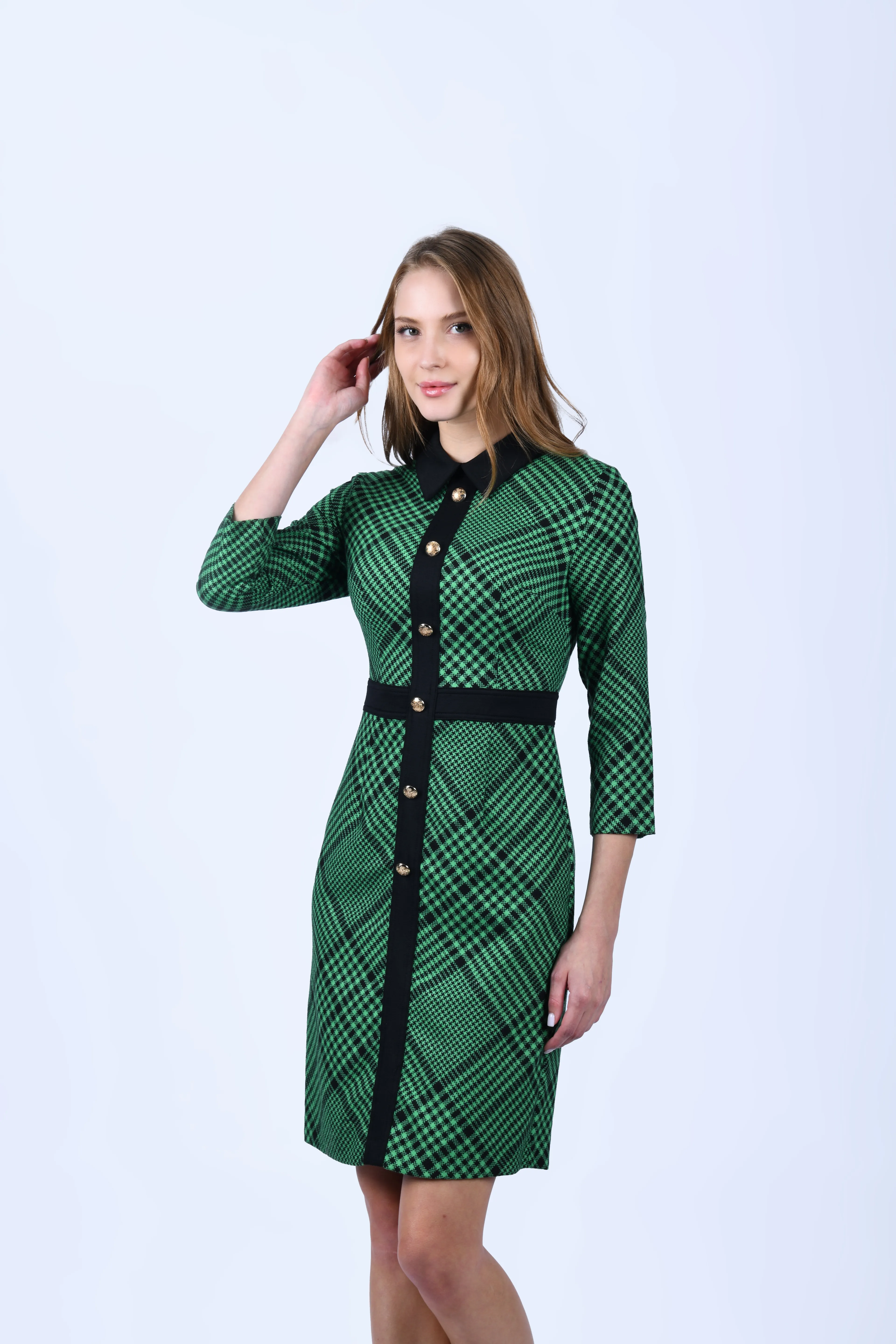 Yeşil Ekose Desen Gömlek Elbise - LE188