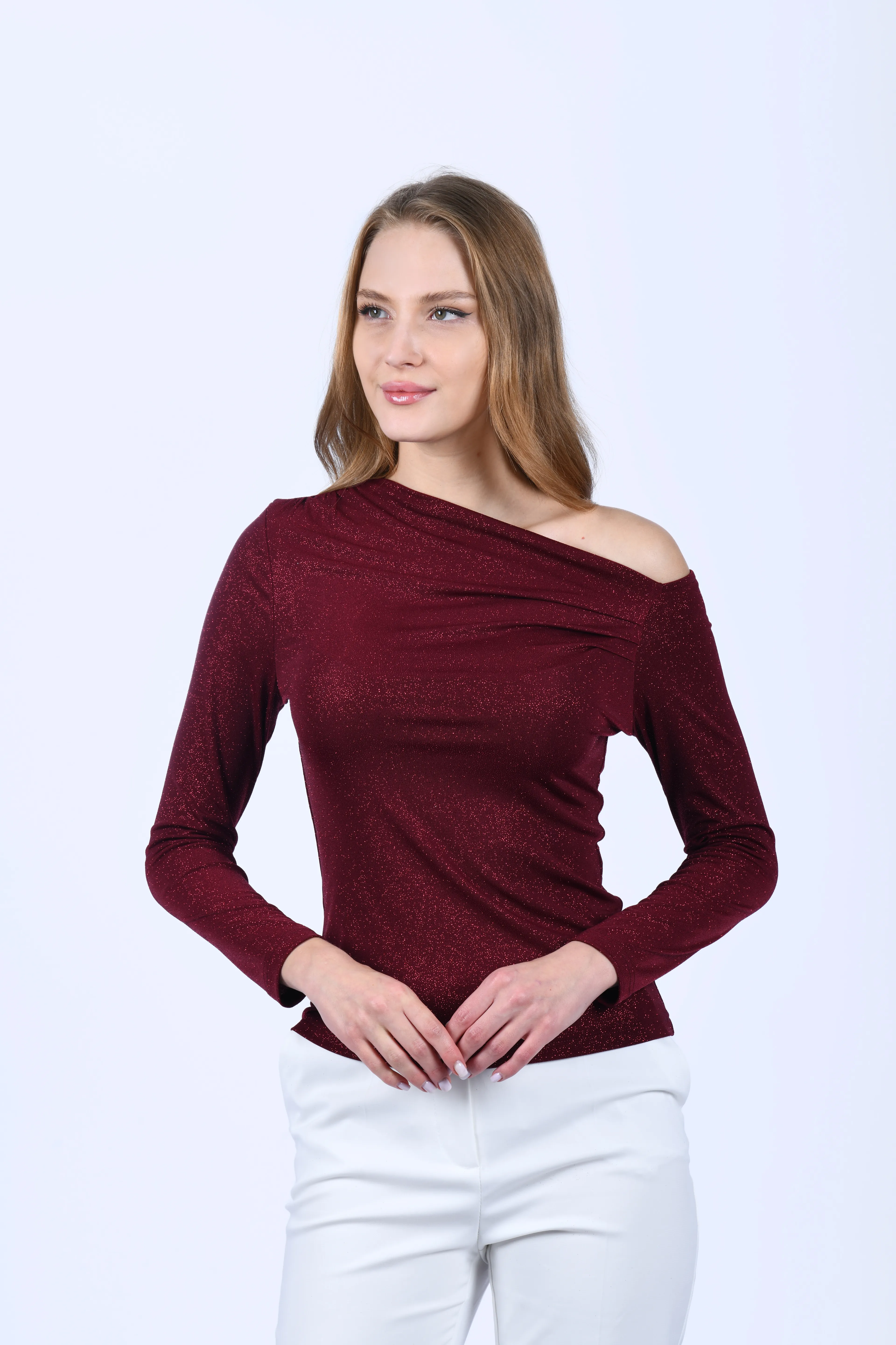 Bordo Omuz Detaylı Simli Bluz - QB204