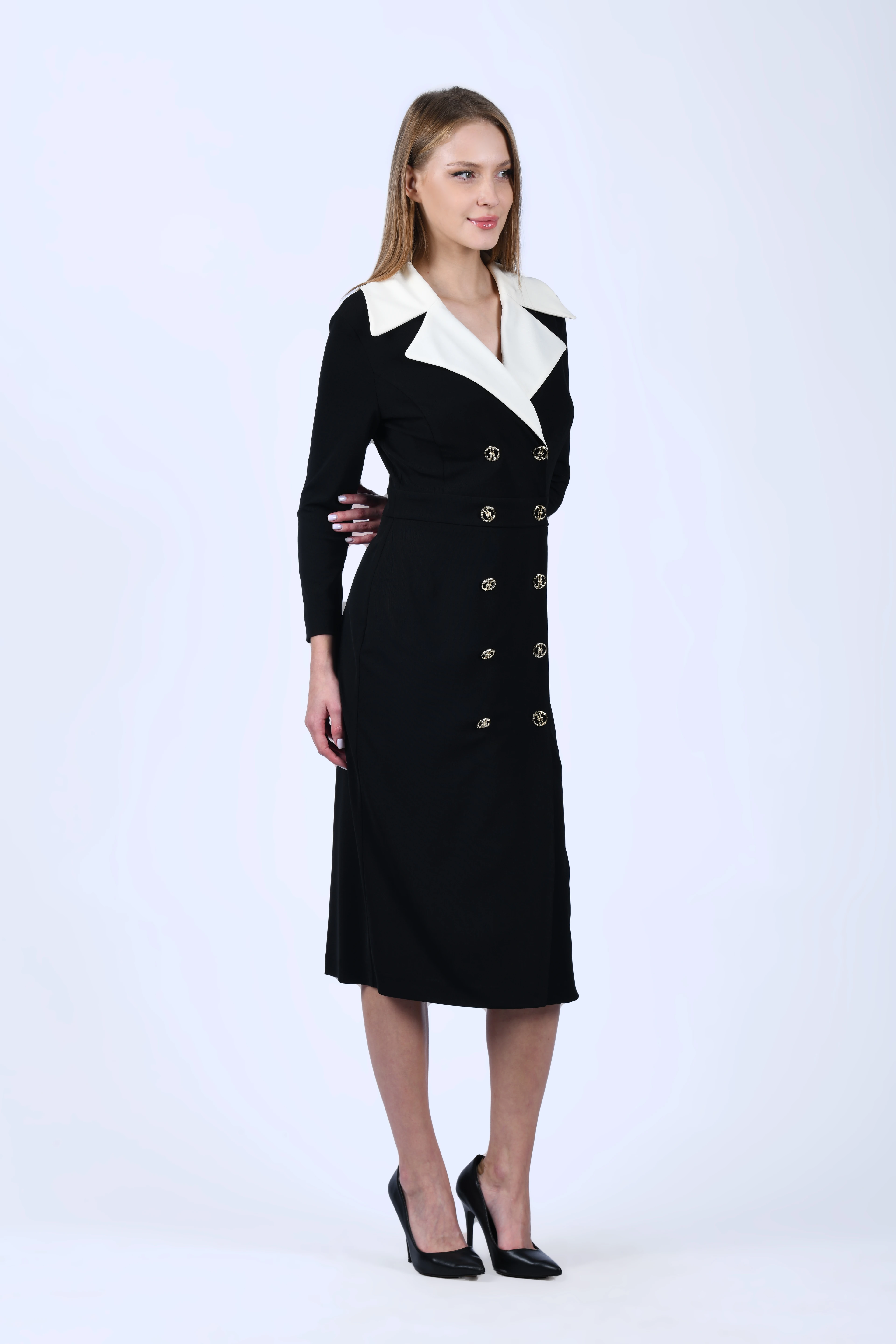 Siyah Kruvaze Geniş Yaka Elbise -  QE388