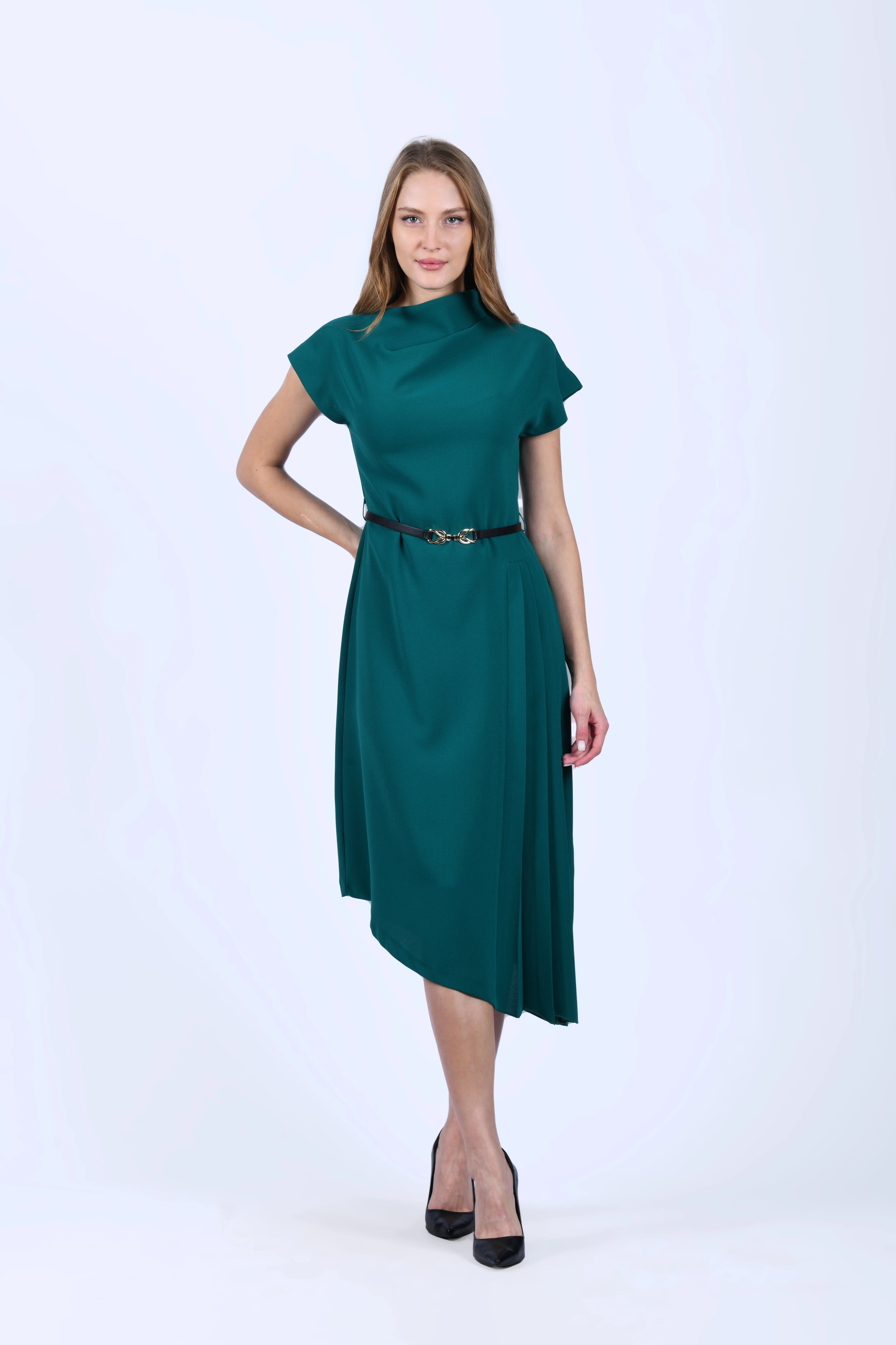 Yeşil Asimetrik Kesim Yanı Piliseli Elbise - QE393