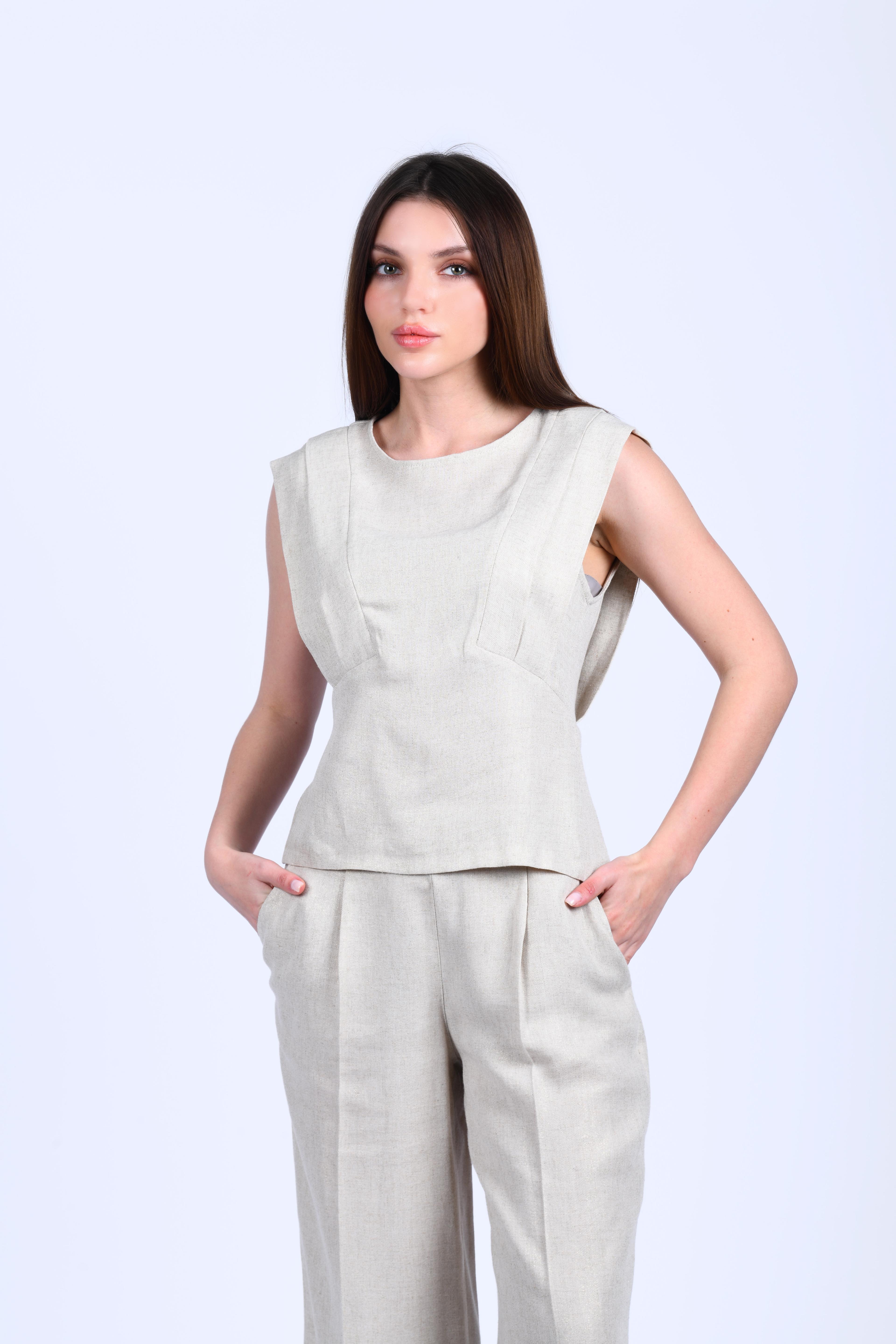 Bej Keten Kolsuz Simli Bluz - LB171