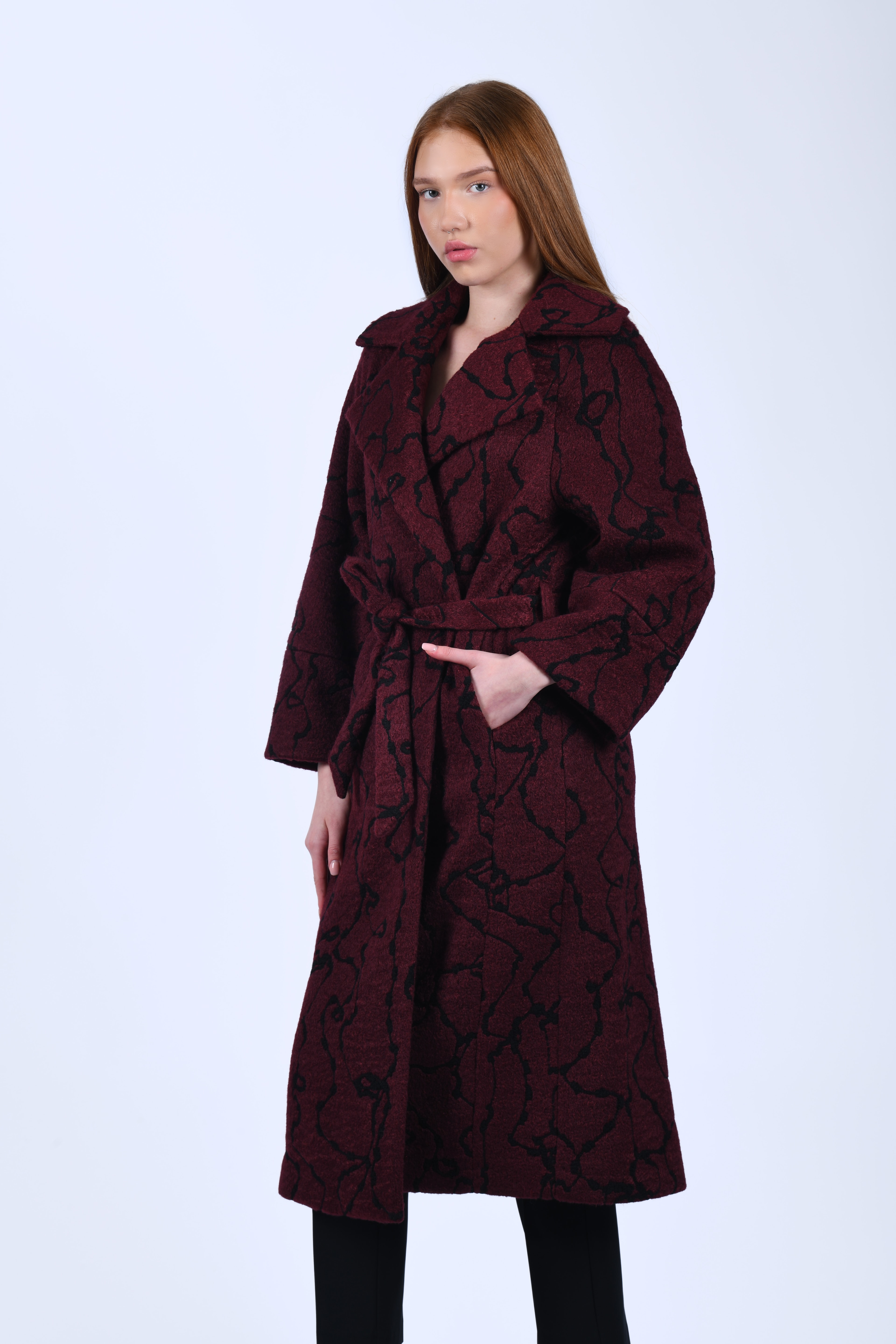 Bordo Desenli Kuşaklı Kaban - QK35