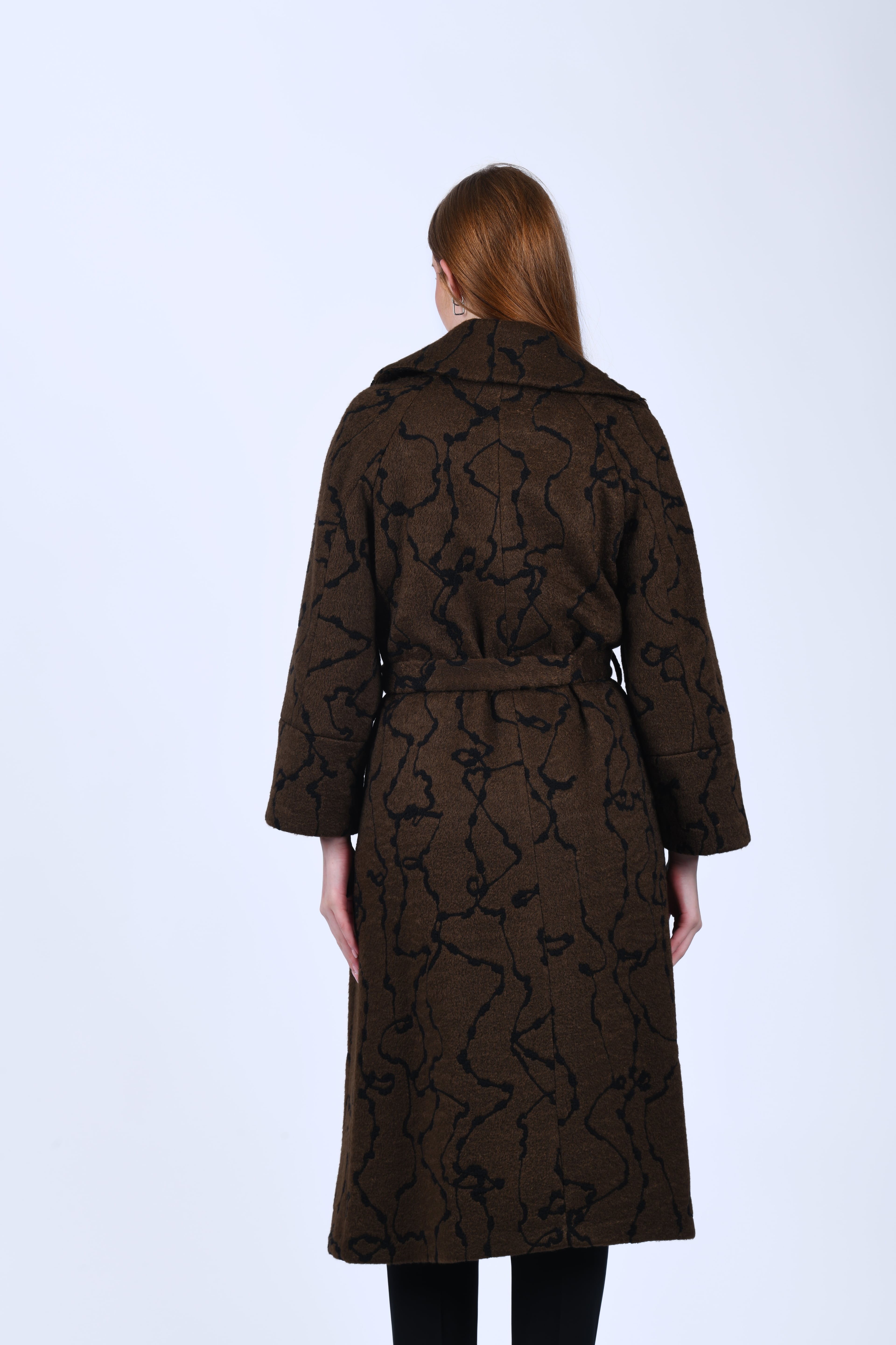 Kahve Desenli Kuşaklı Kaban - QK35