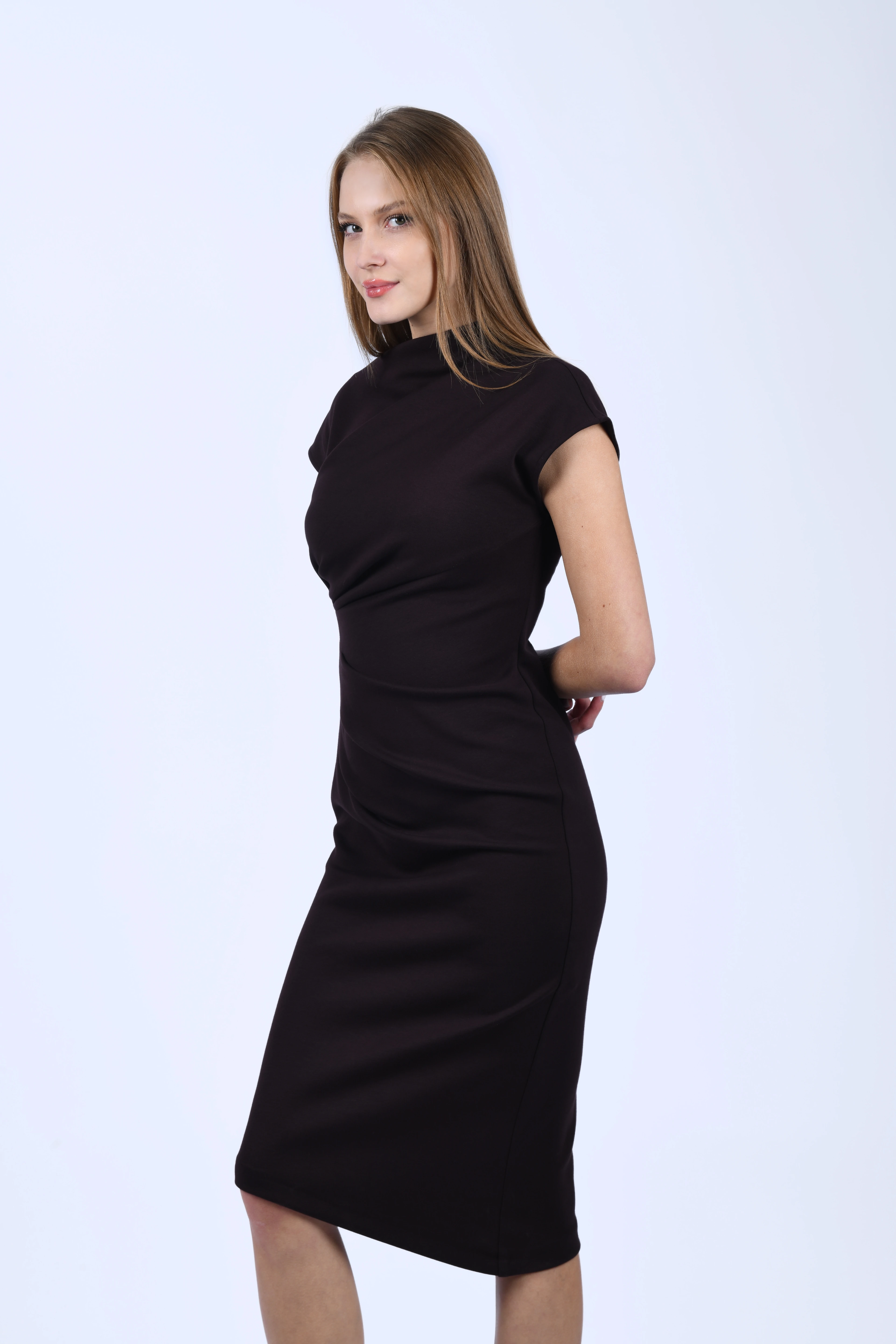 Kahve Drapeli Kalem Elbise - QE386