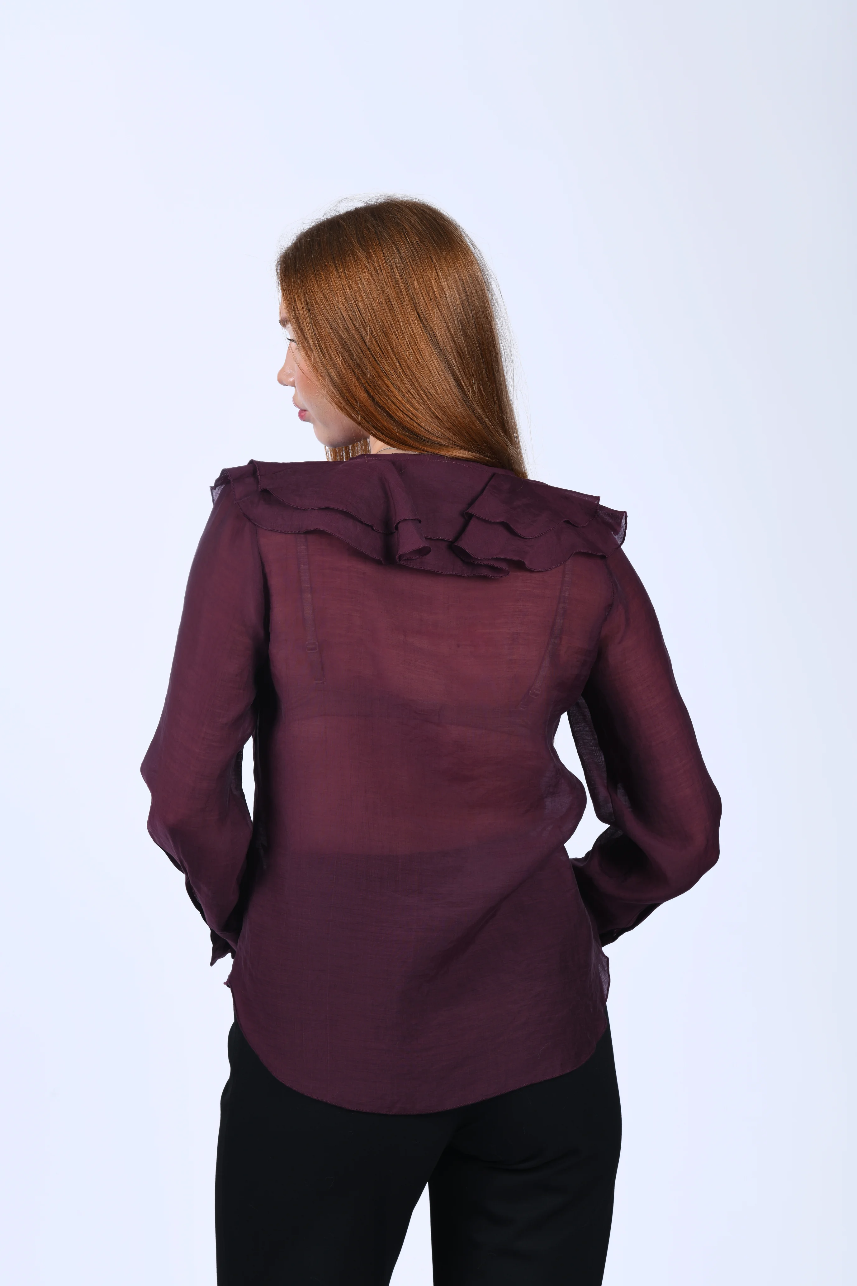 Bordo Volanlı Tül Bluz - QB201