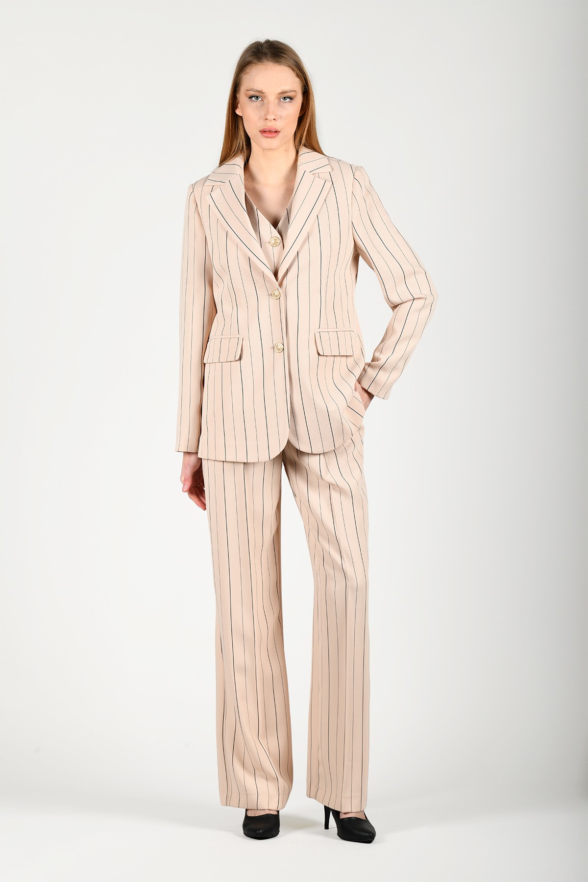 Bej Çizgili Blazer Ceket - LC83