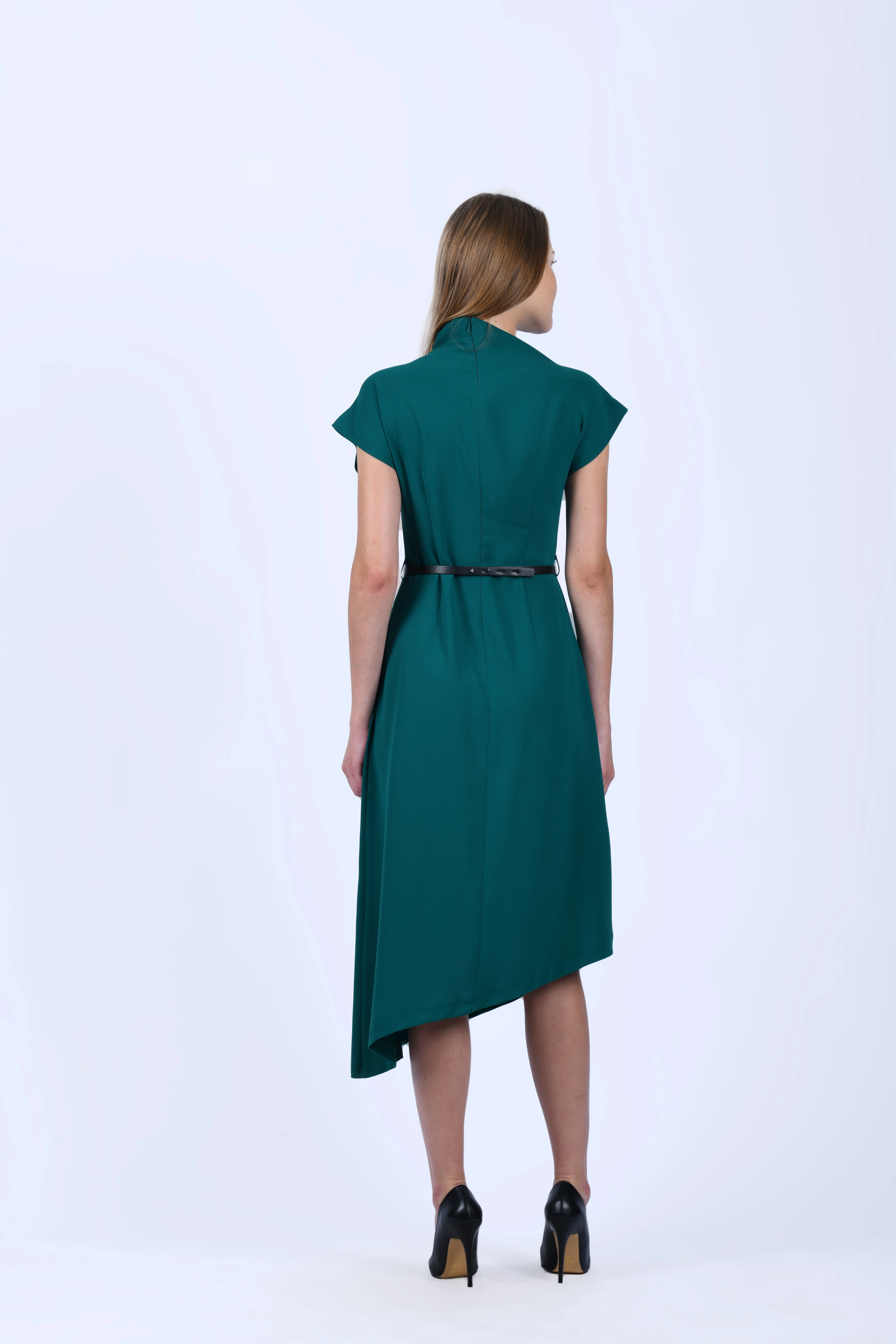 Yeşil Asimetrik Kesim Yanı Piliseli Elbise - QE393