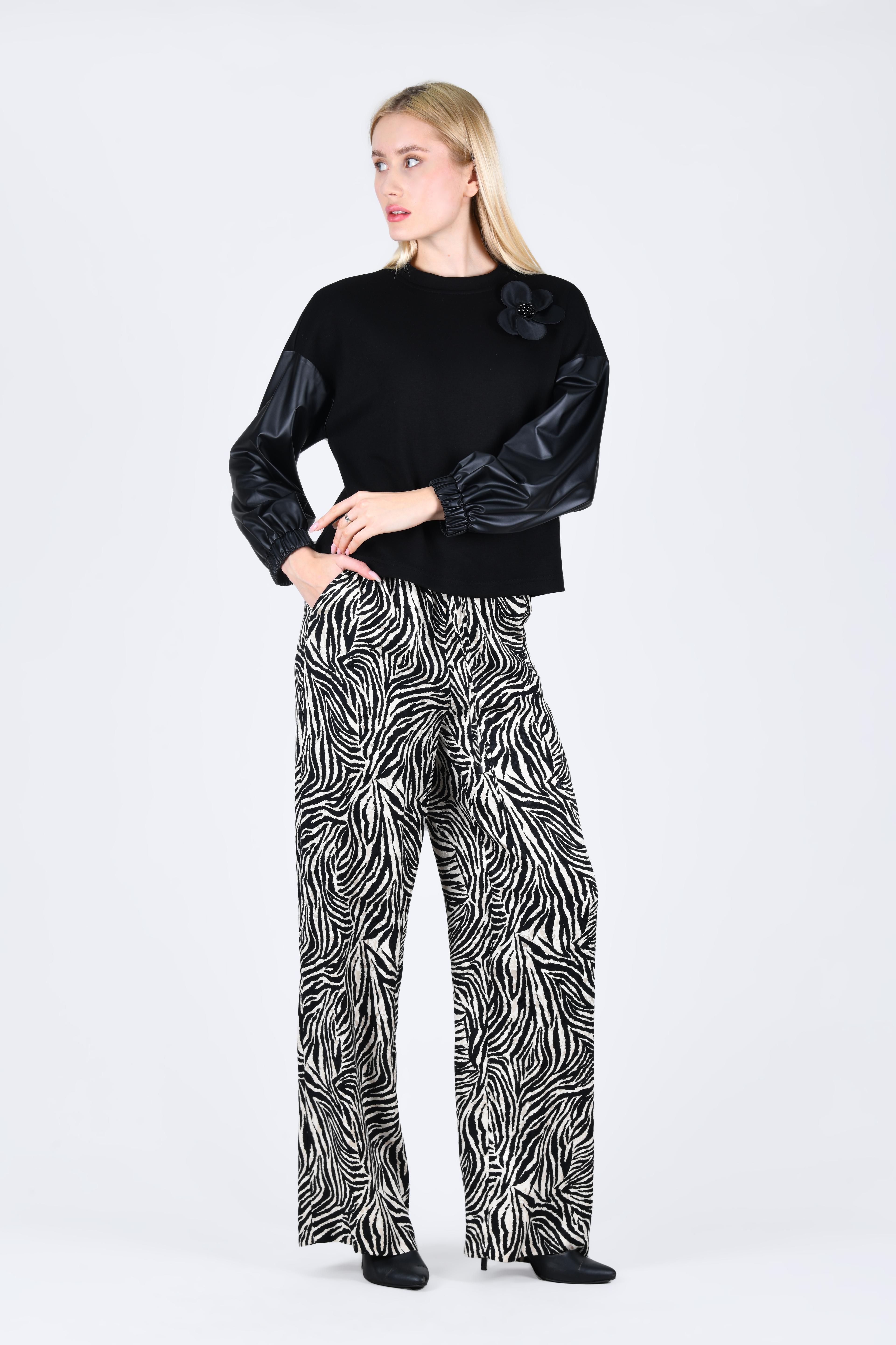 Siyah Ecru Desenli Bol Pantolon - QP152