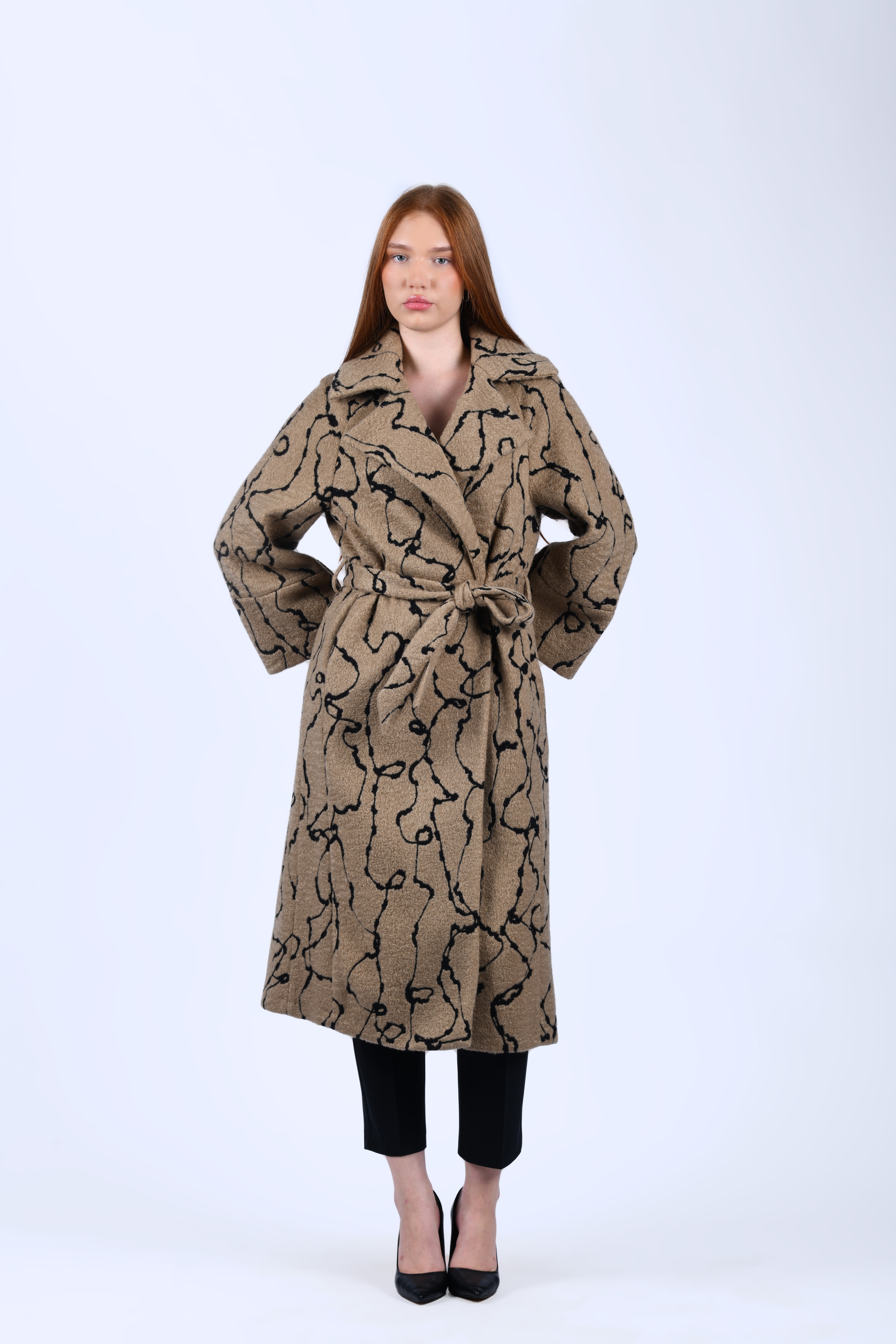 Camel Desenli Kuşaklı Kaban - QK35