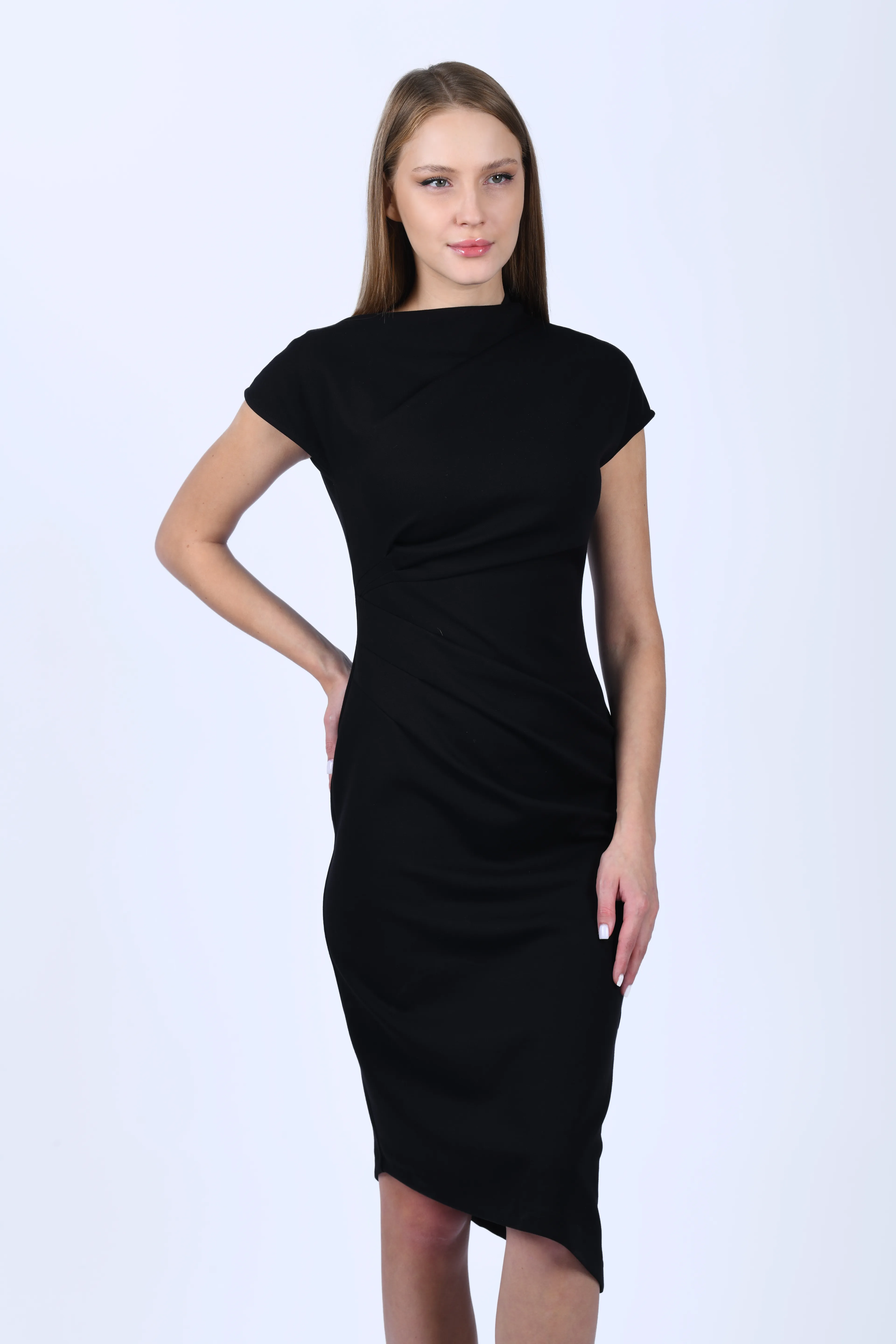 Siyah Drapeli Kalem Elbise - QE386