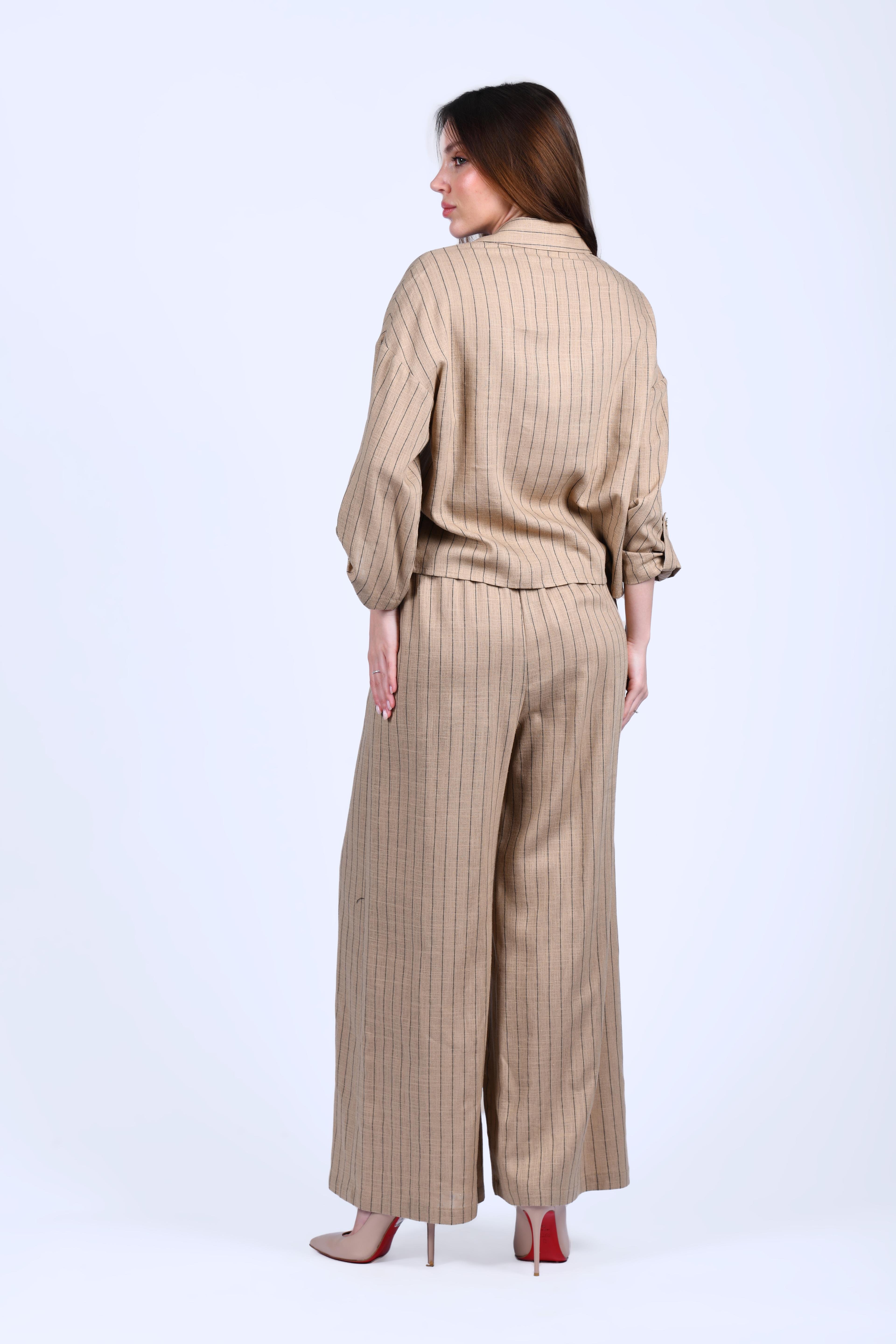 Kahve Çizgili Bol Keten Pantolon - QP170