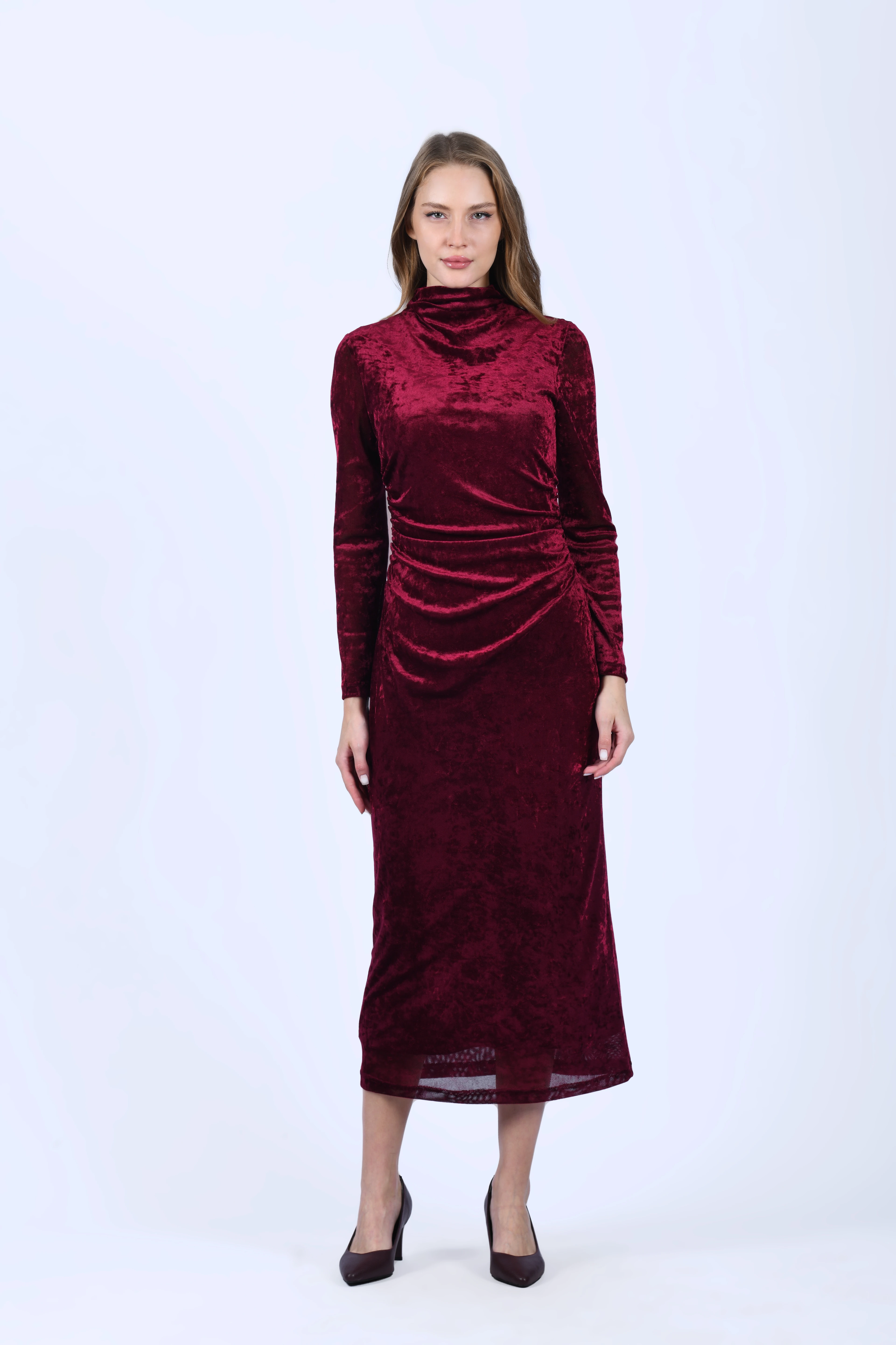 Bordo Drapeli Midi Kadife Elbise - QE398