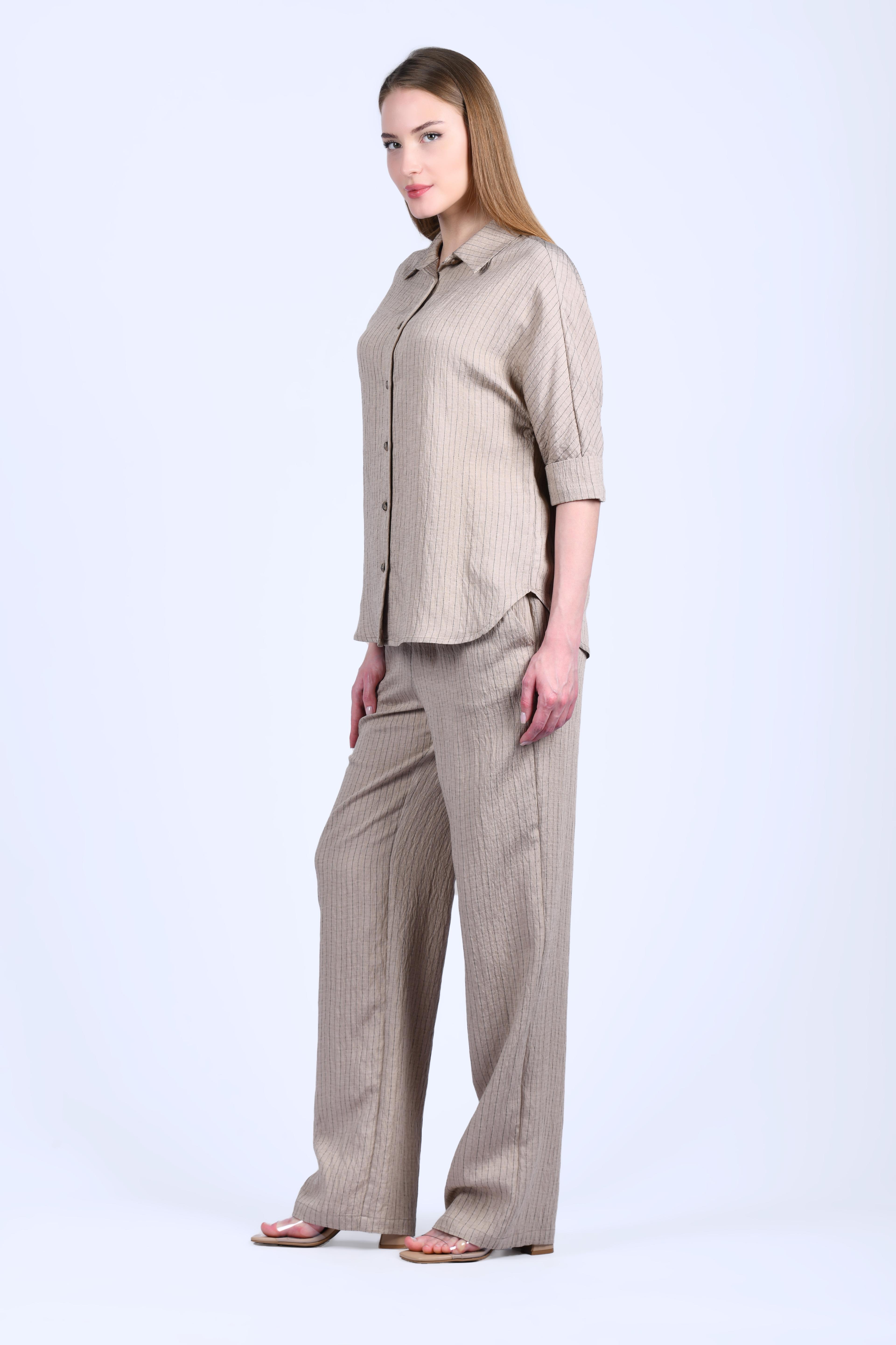 Bej Çizgili Bol Pantolon - LP185