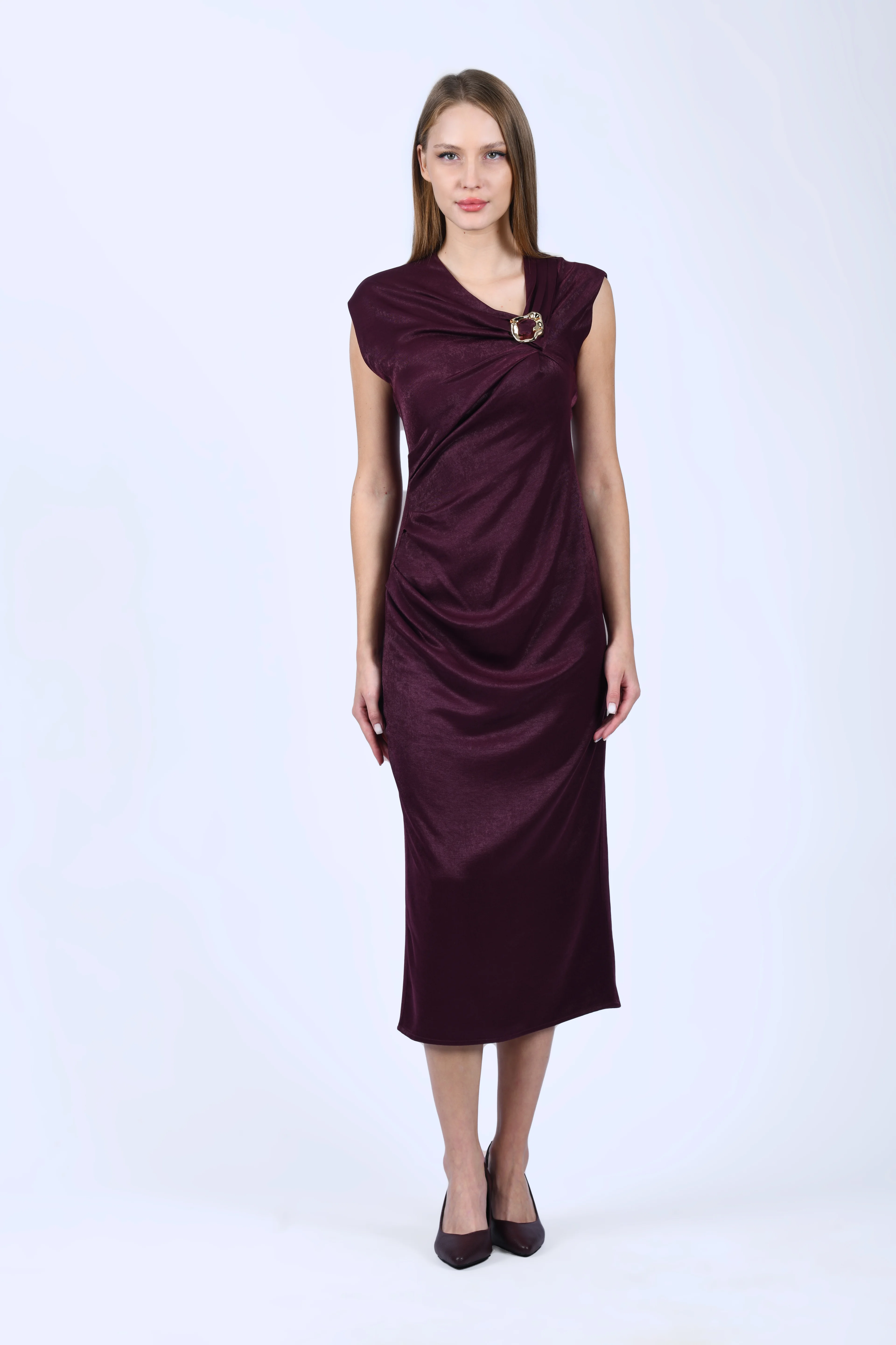 Bordo Yakası Tokalı Midi Elbise - QE389