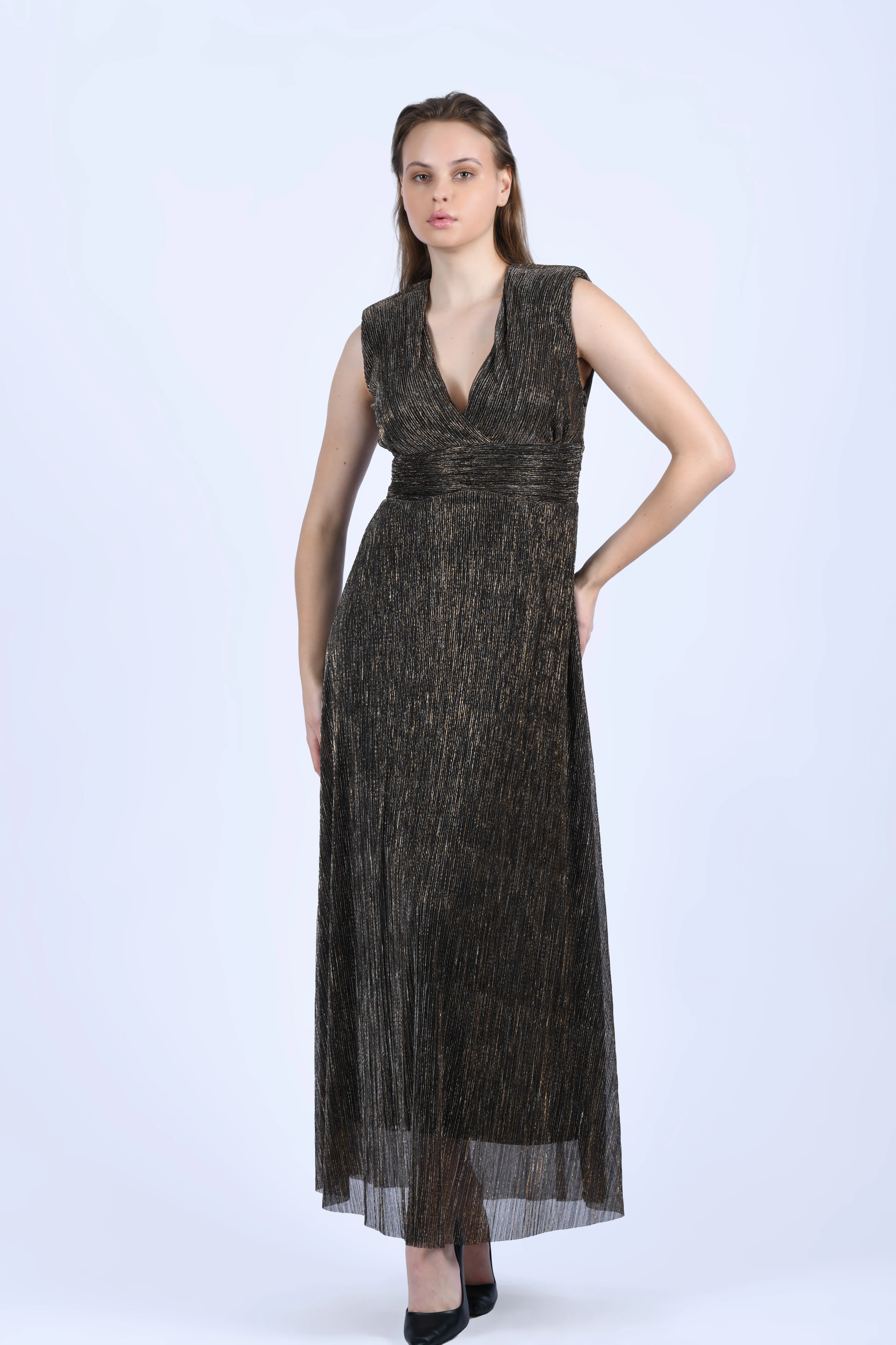 Bakır Gümüş Işıltılı V Yaka Maxi Elbise - LE645