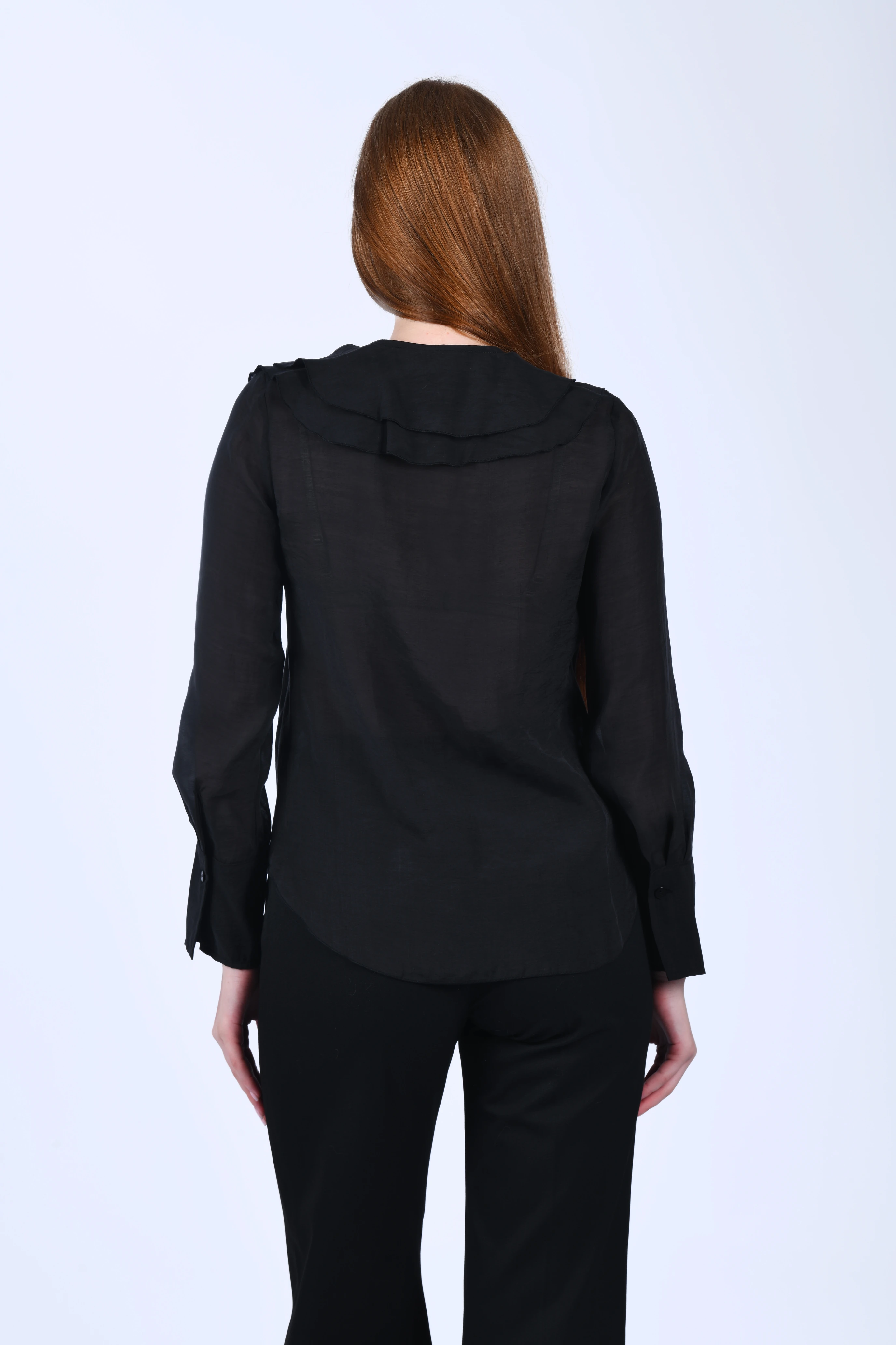 Siyah Volanlı Tül Bluz - QB201