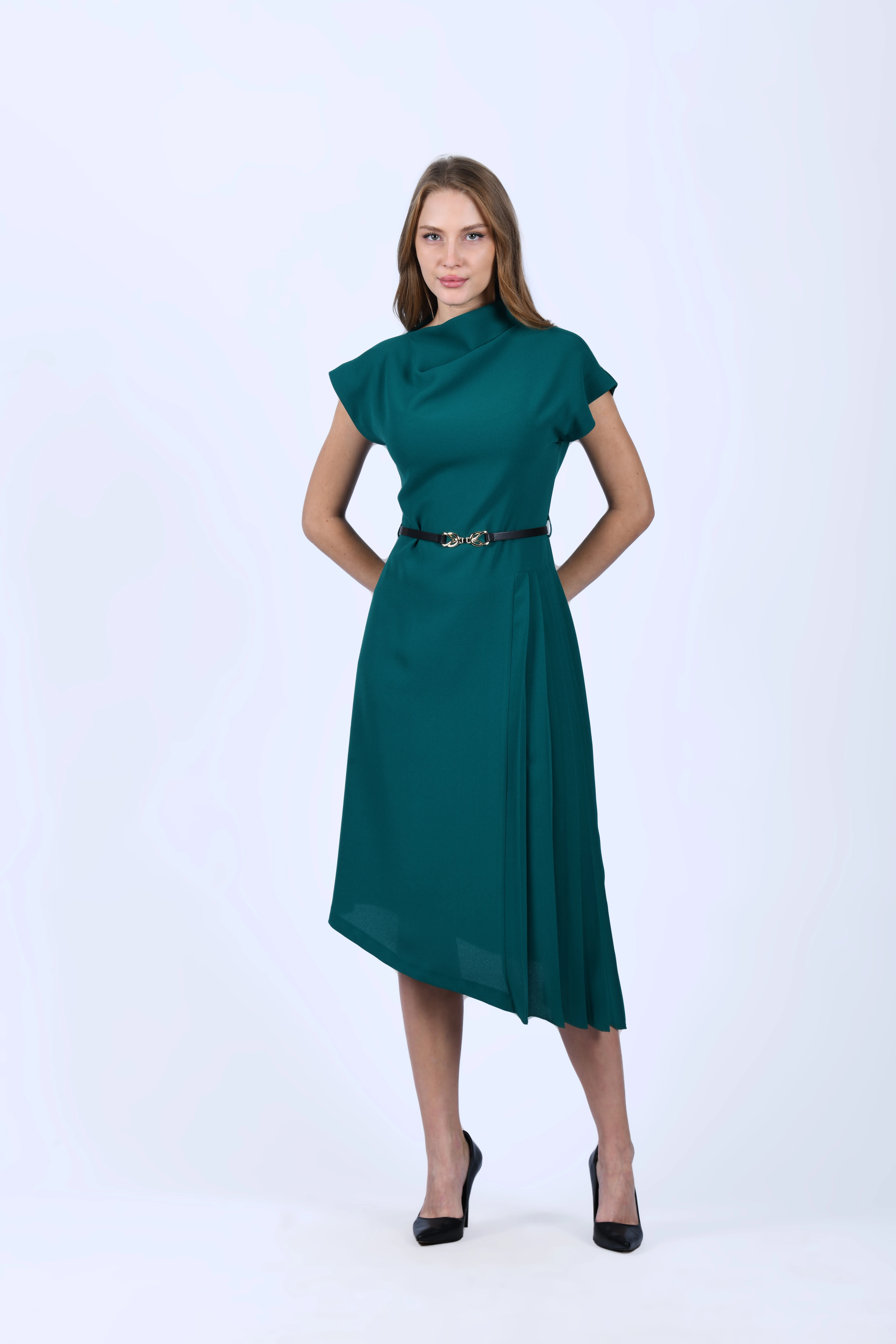 Yeşil Asimetrik Kesim Yanı Piliseli Elbise - QE393