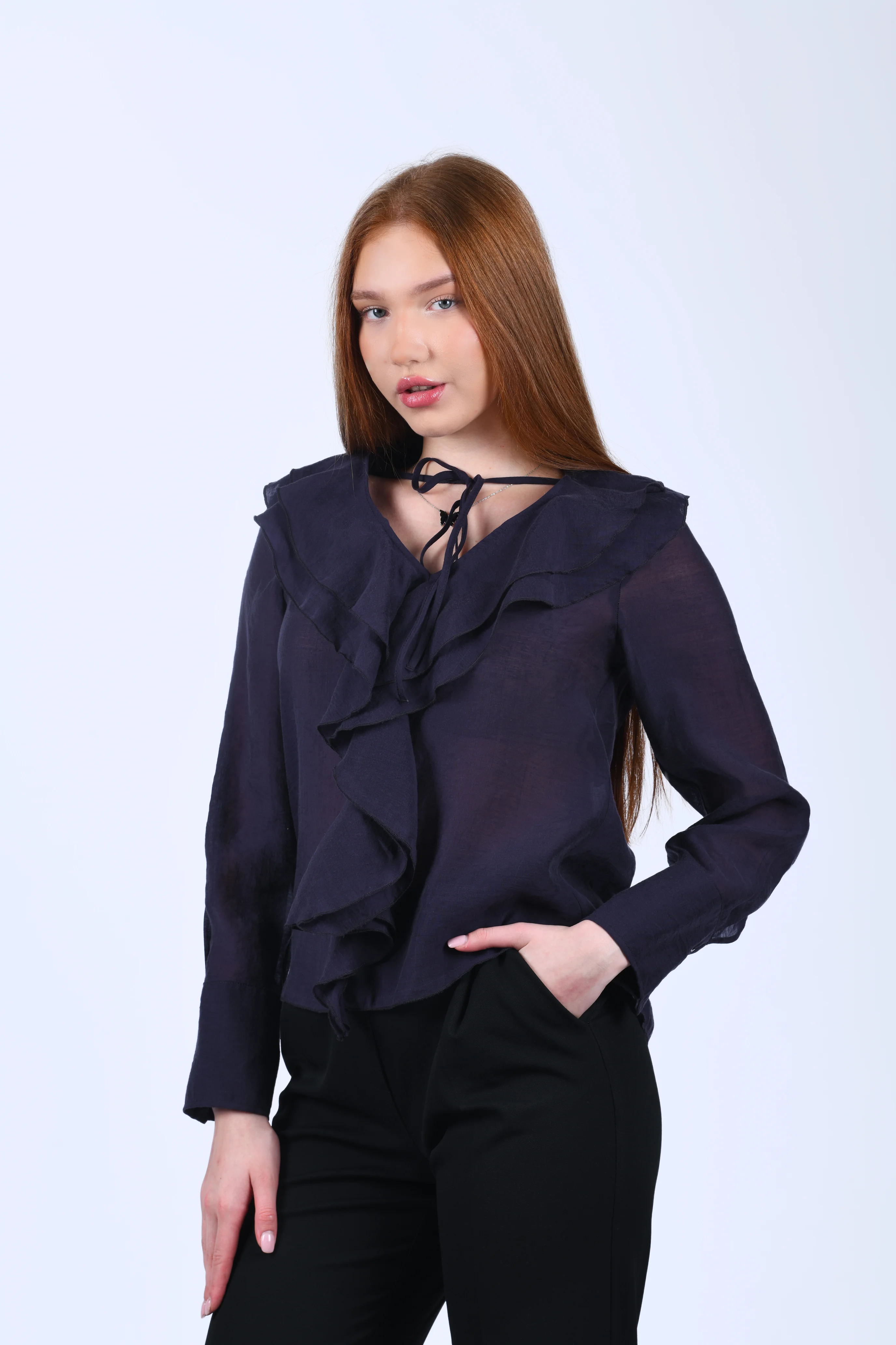 Mürdüm Volanlı Tül Bluz - QB201