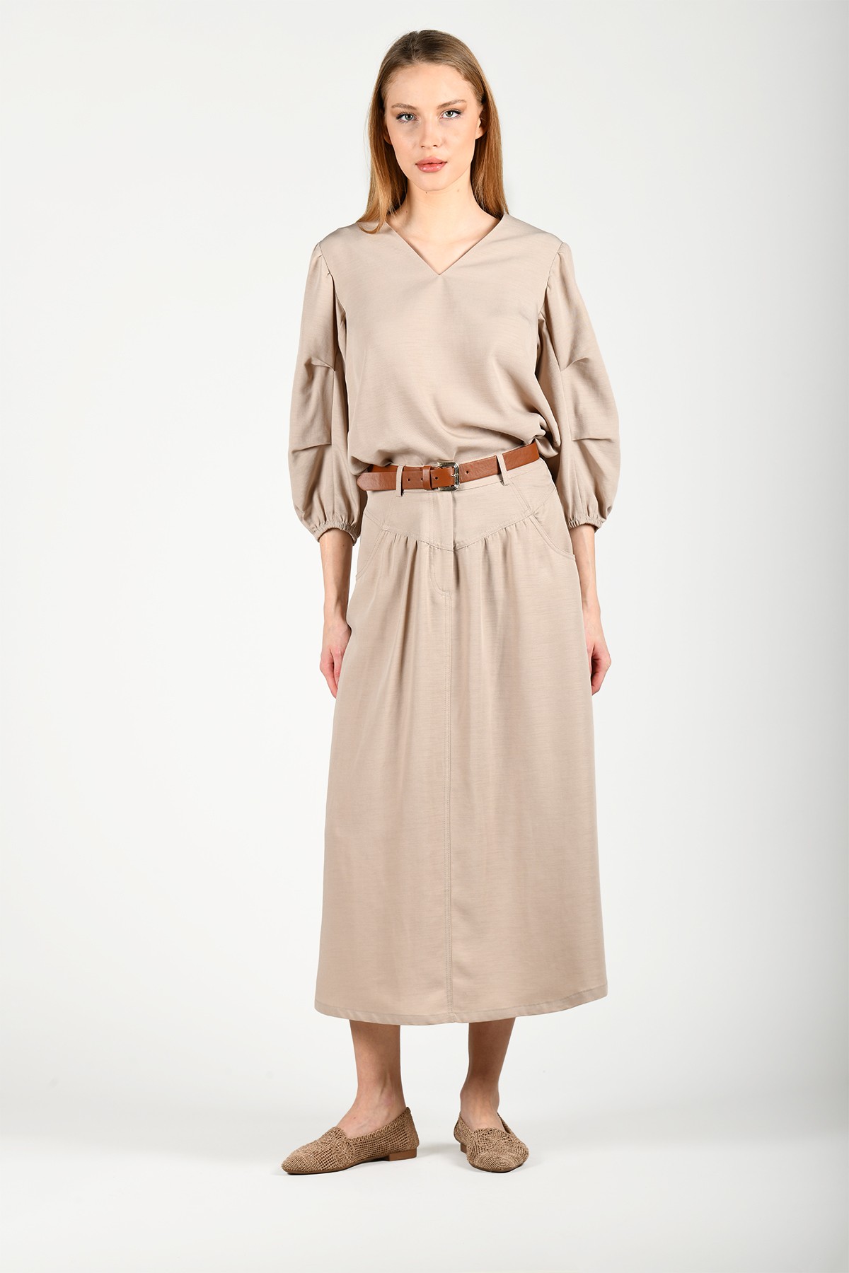 Bej Casual Cepli Kemerli Uzun Etek - LD54
