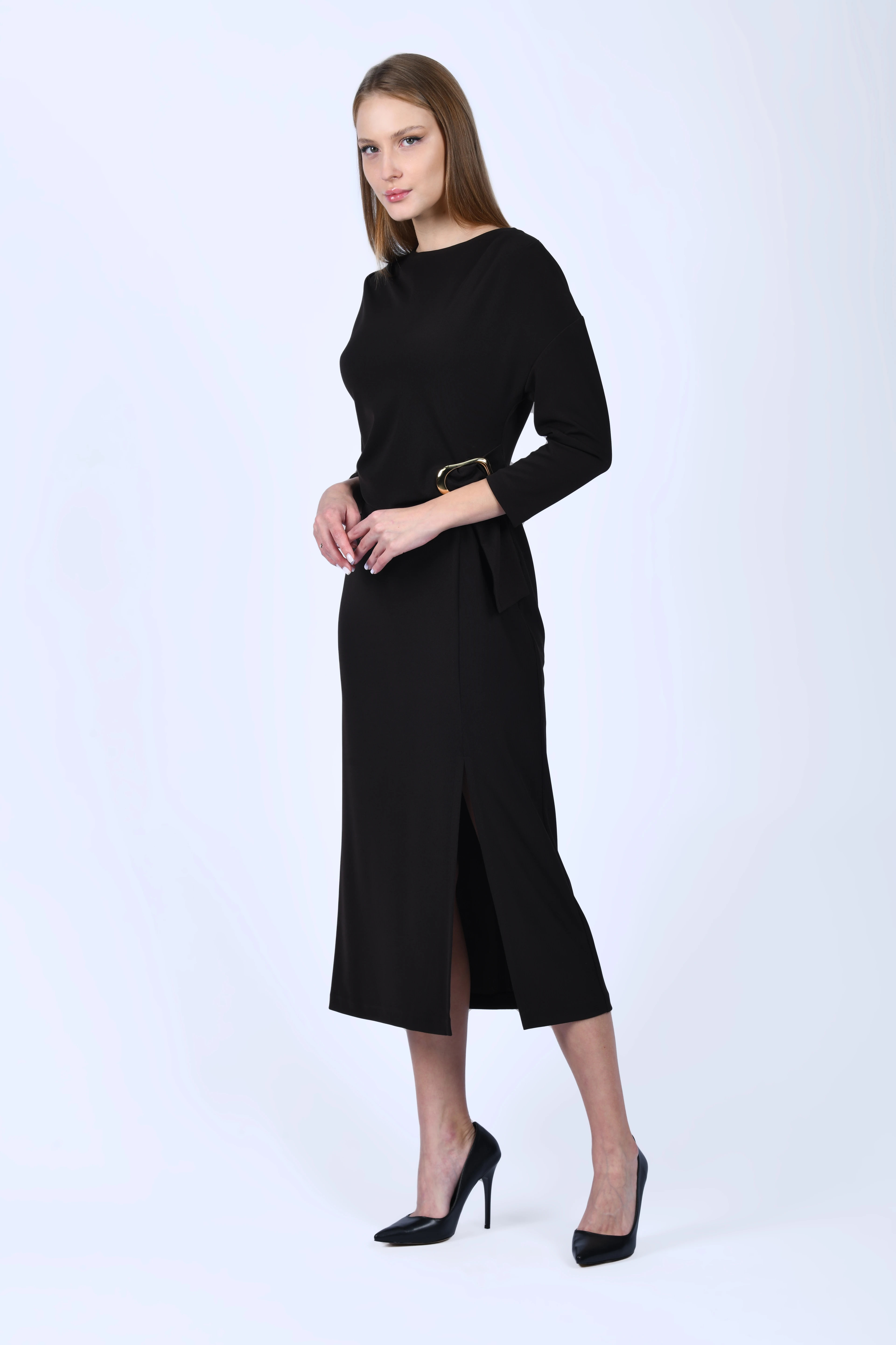 Kahve Toka Detaylı Yırtmaçlı Elbise -  QE396