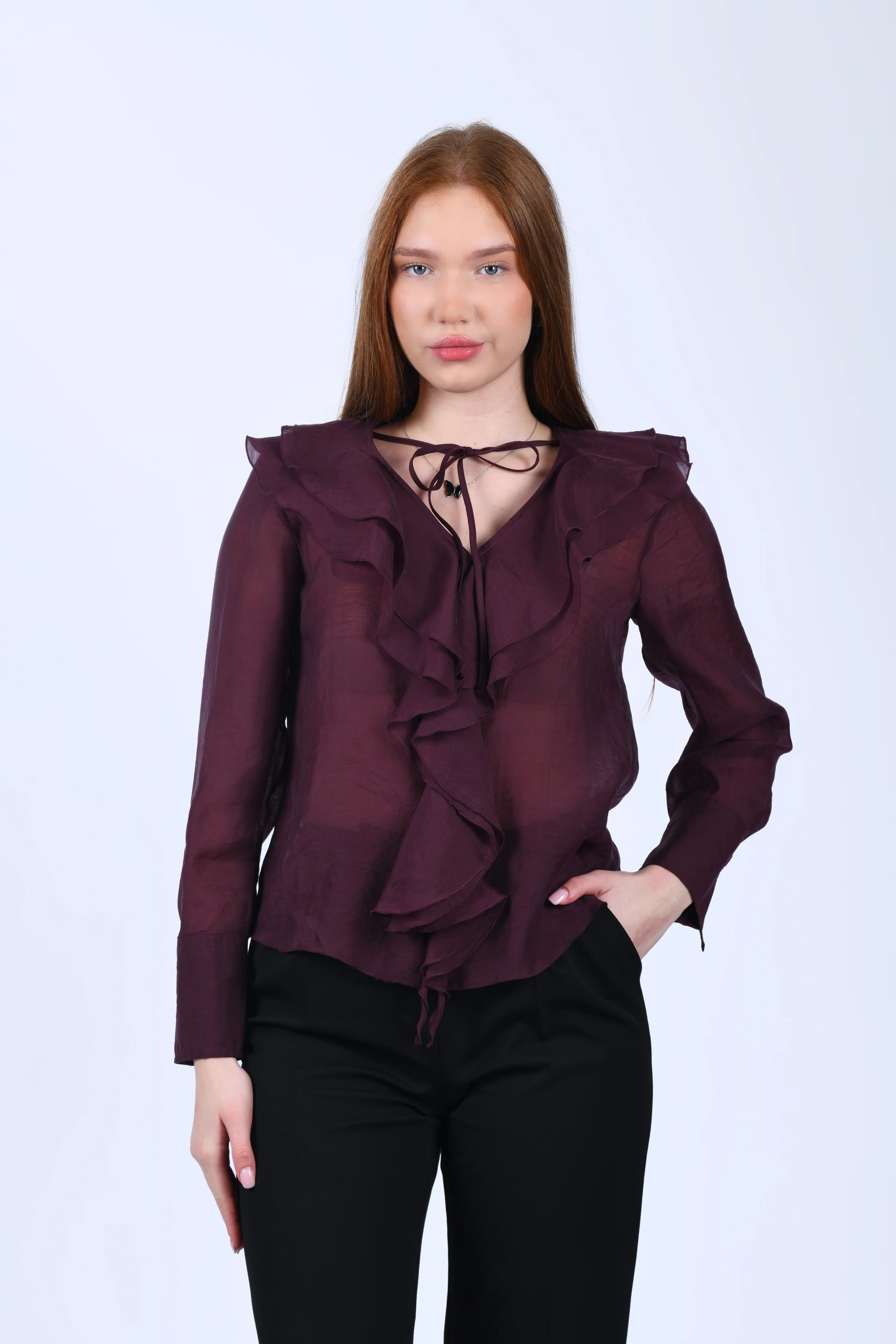 Bordo Volanlı Tül Bluz - QB201