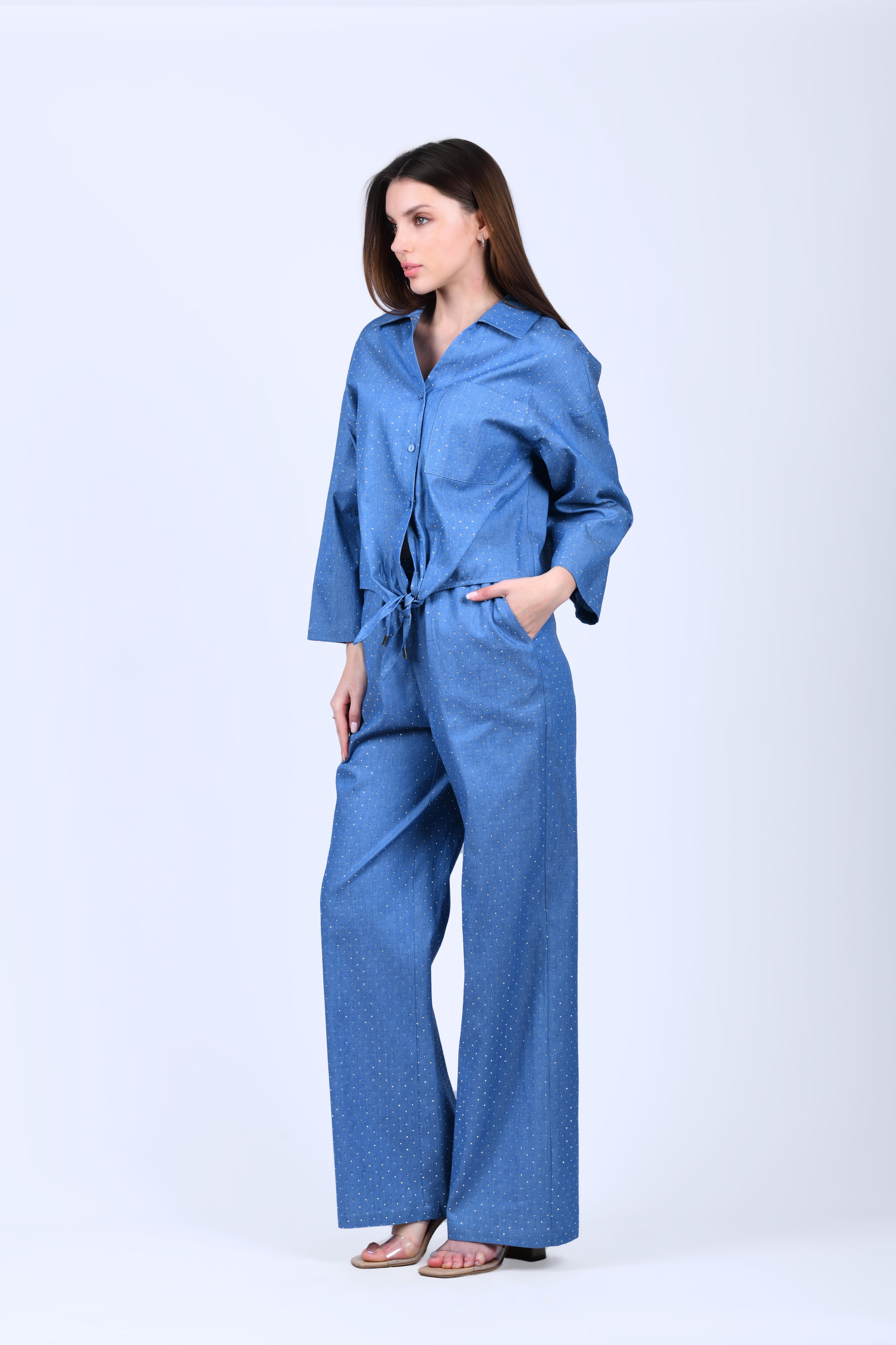 İndigo Yüksel Bel Taşlı Pantolon - QP174