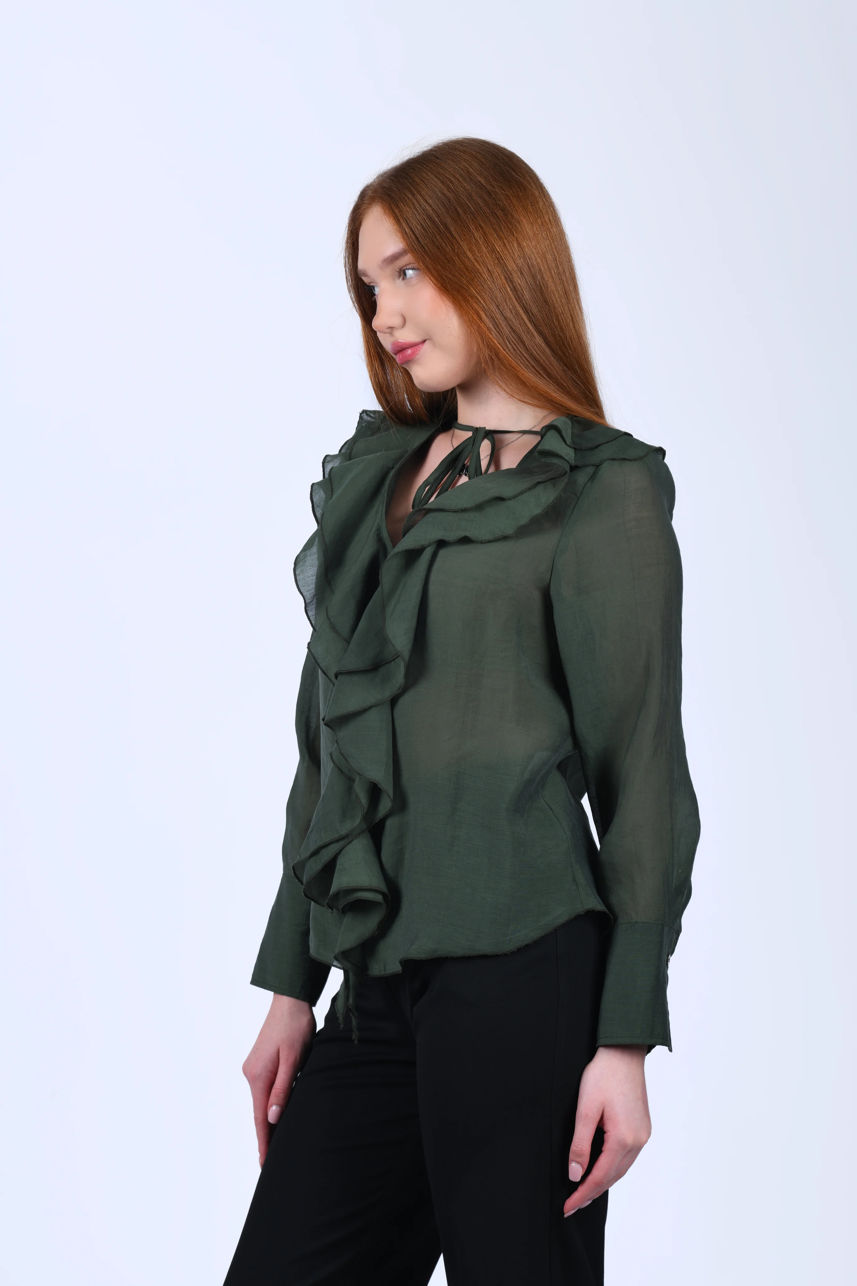 Yeşil Volanlı Tül Bluz - QB201