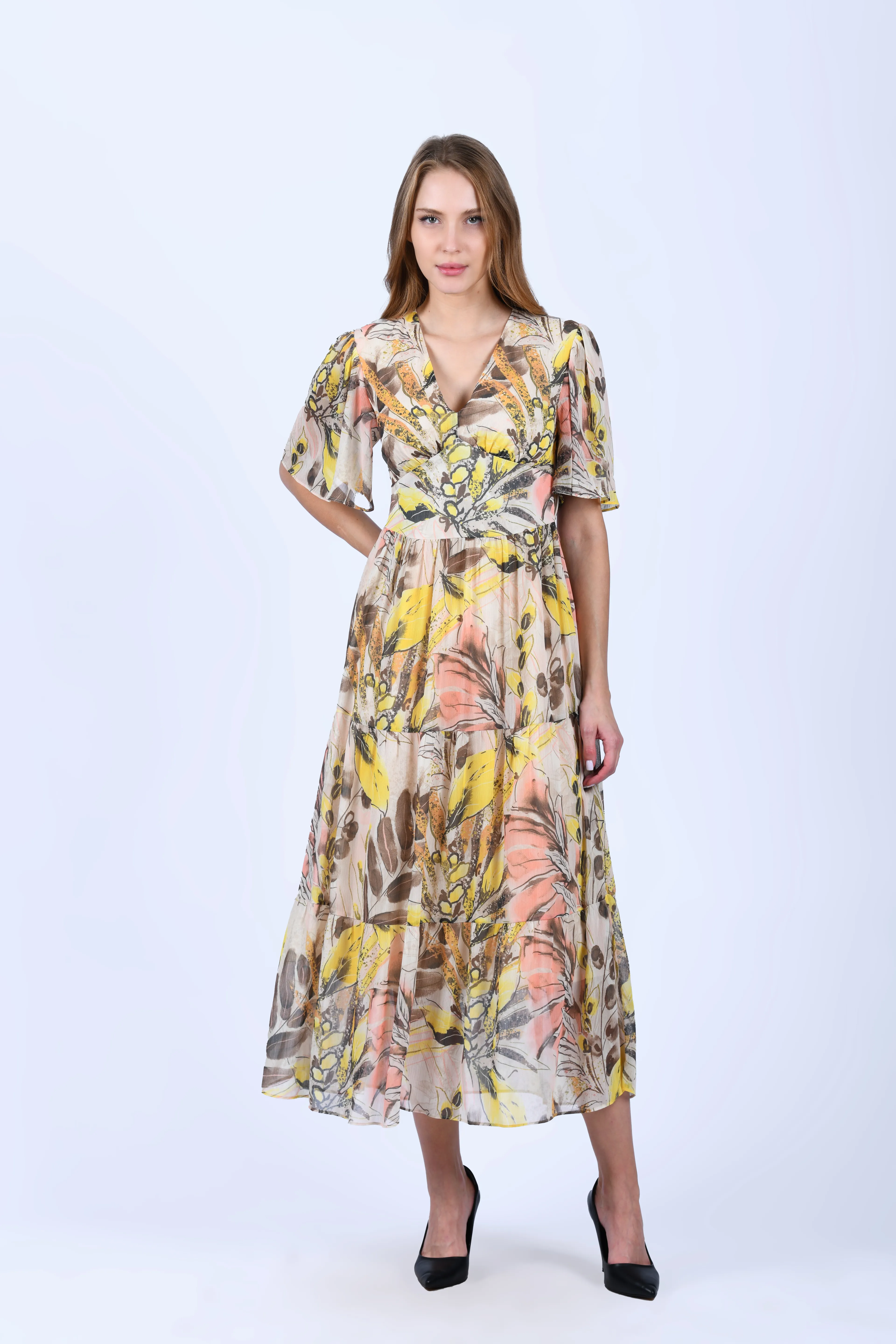 Sarı V Yaka Tropikal Desen Midi Elbise - LE565