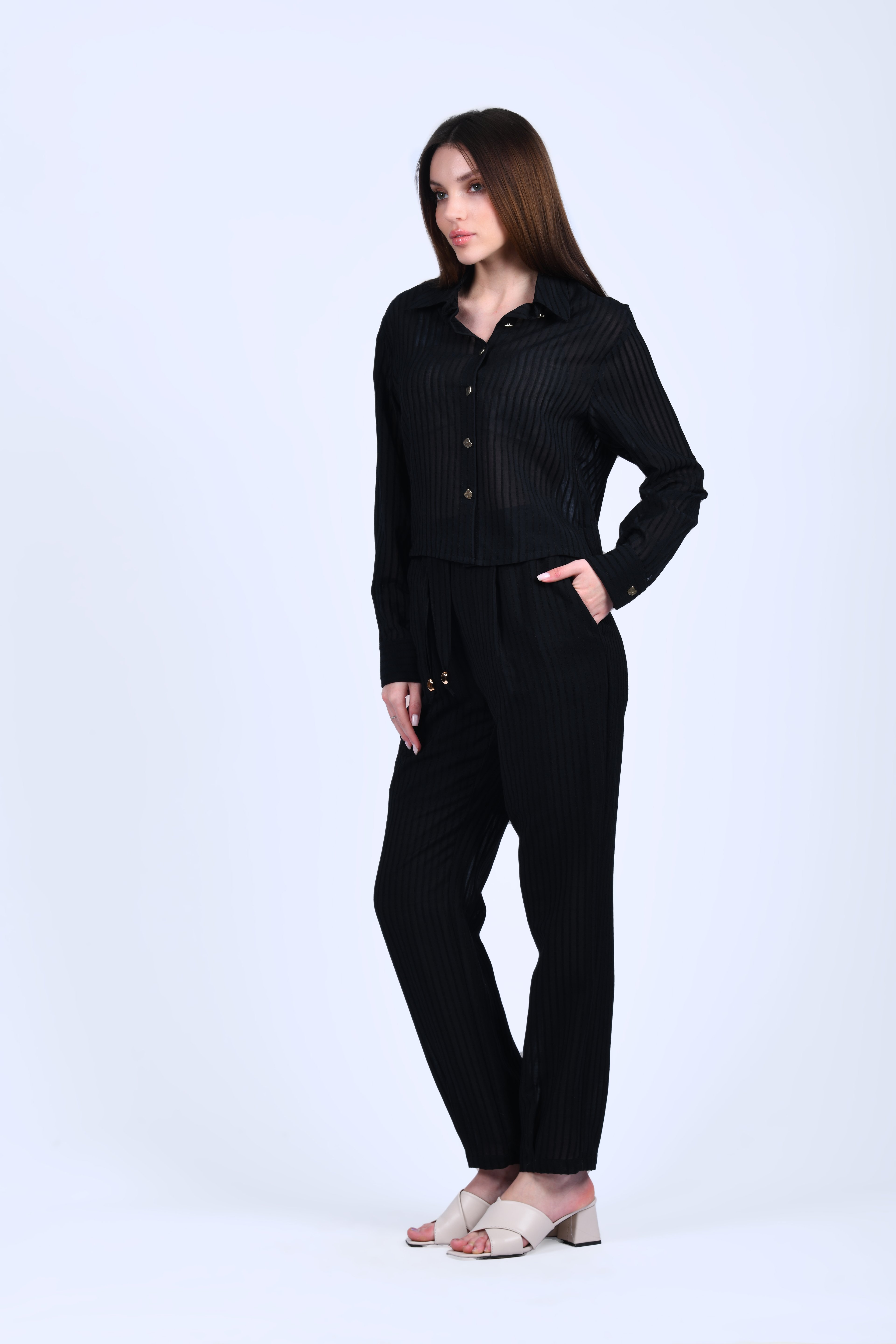 Siyah Elastik Bel Dokulu Pantolon - QP169