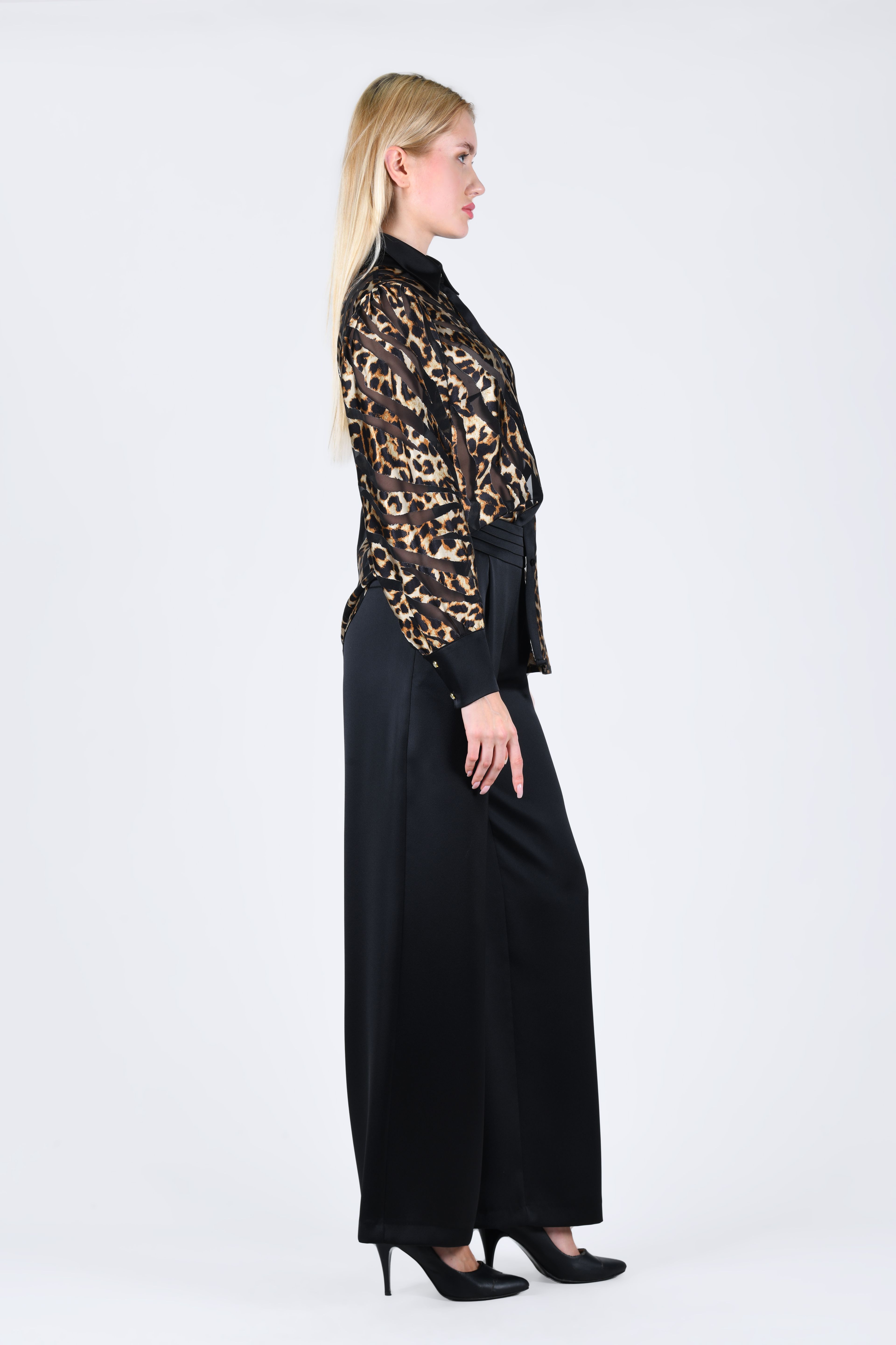 Siyah Wide Leg Parlak Kumaş Pantolon - LP173