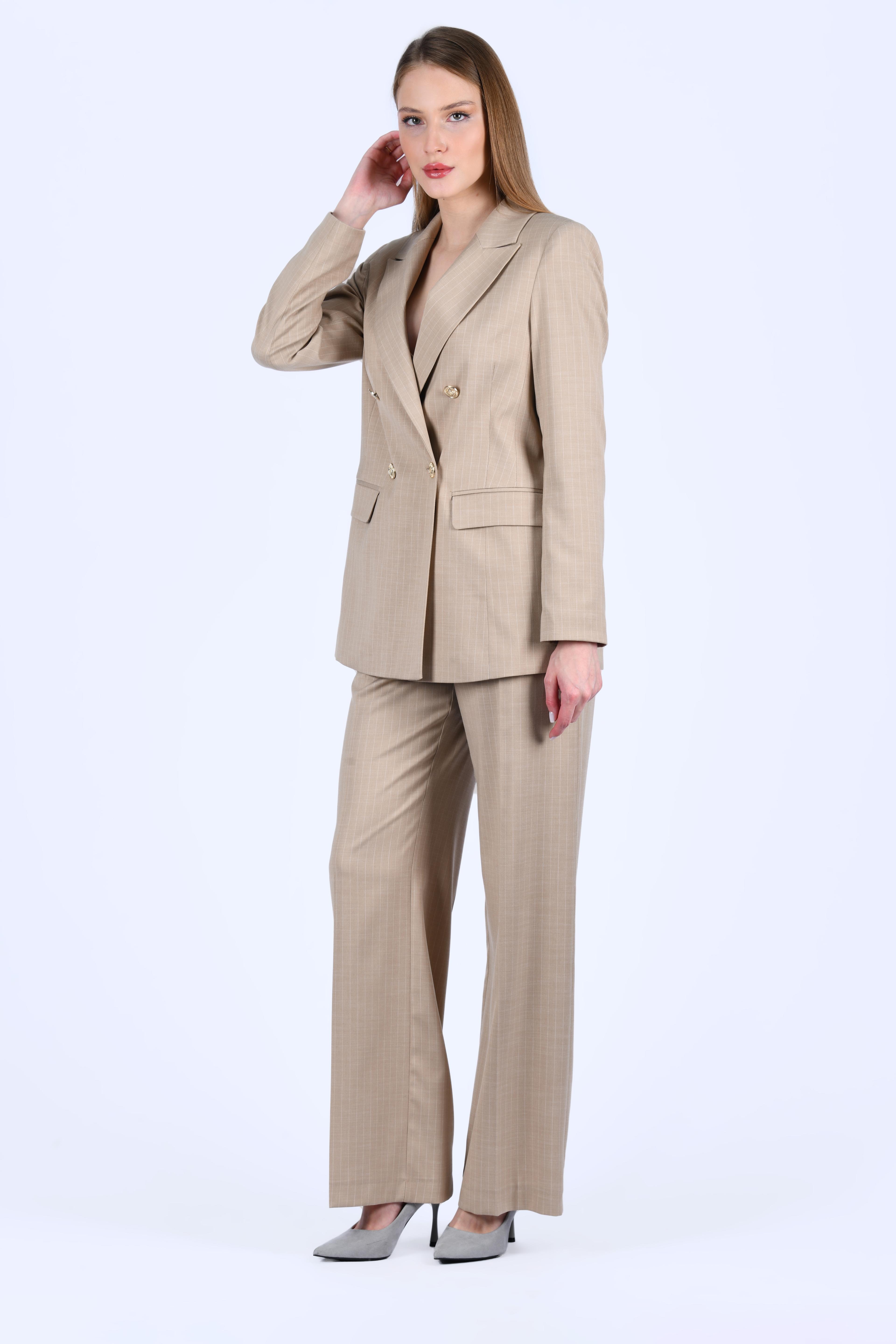 Bej Çizgili Blazer Ceket - LC118