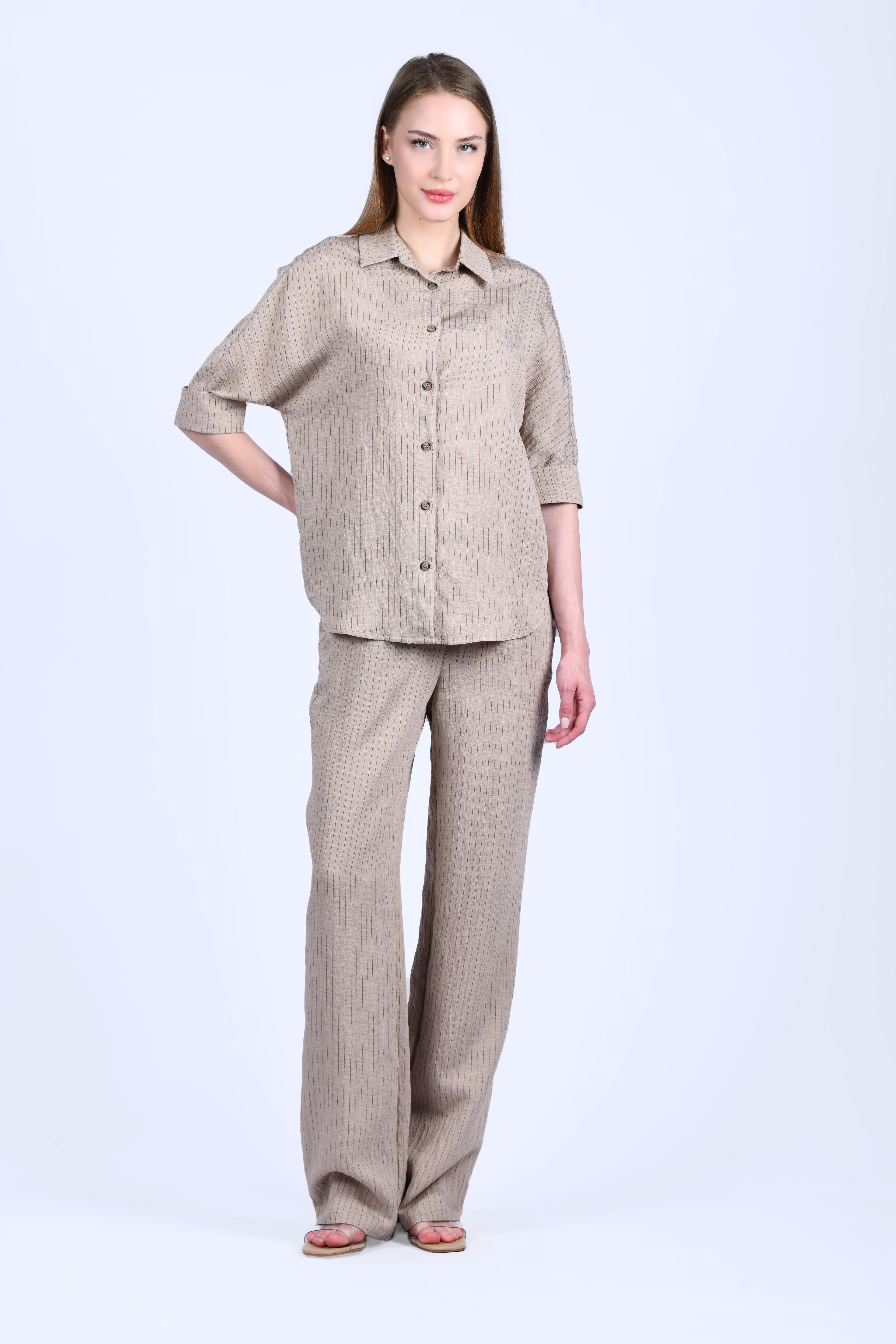 Bej Çizgili Bol Pantolon - LP185