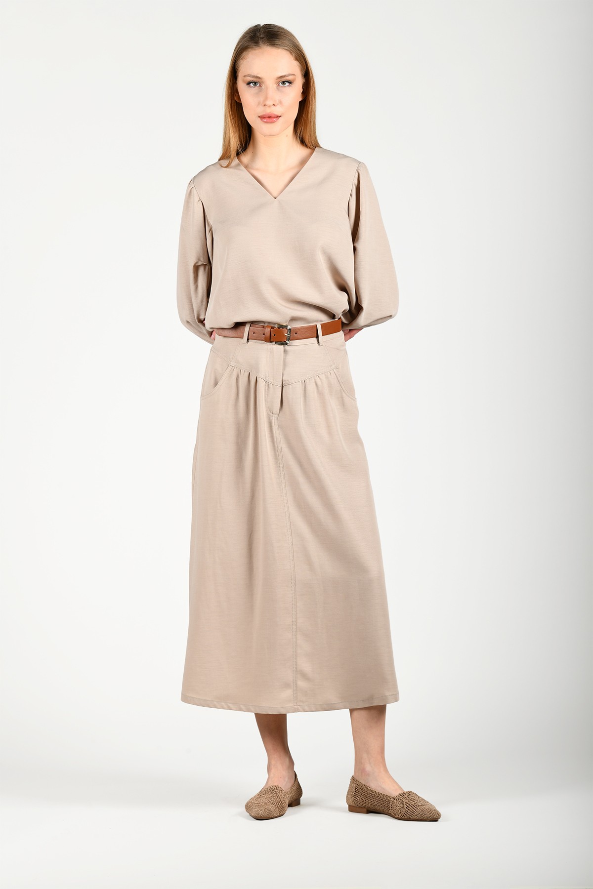 Bej V Yaka Casual Bluz - LB139