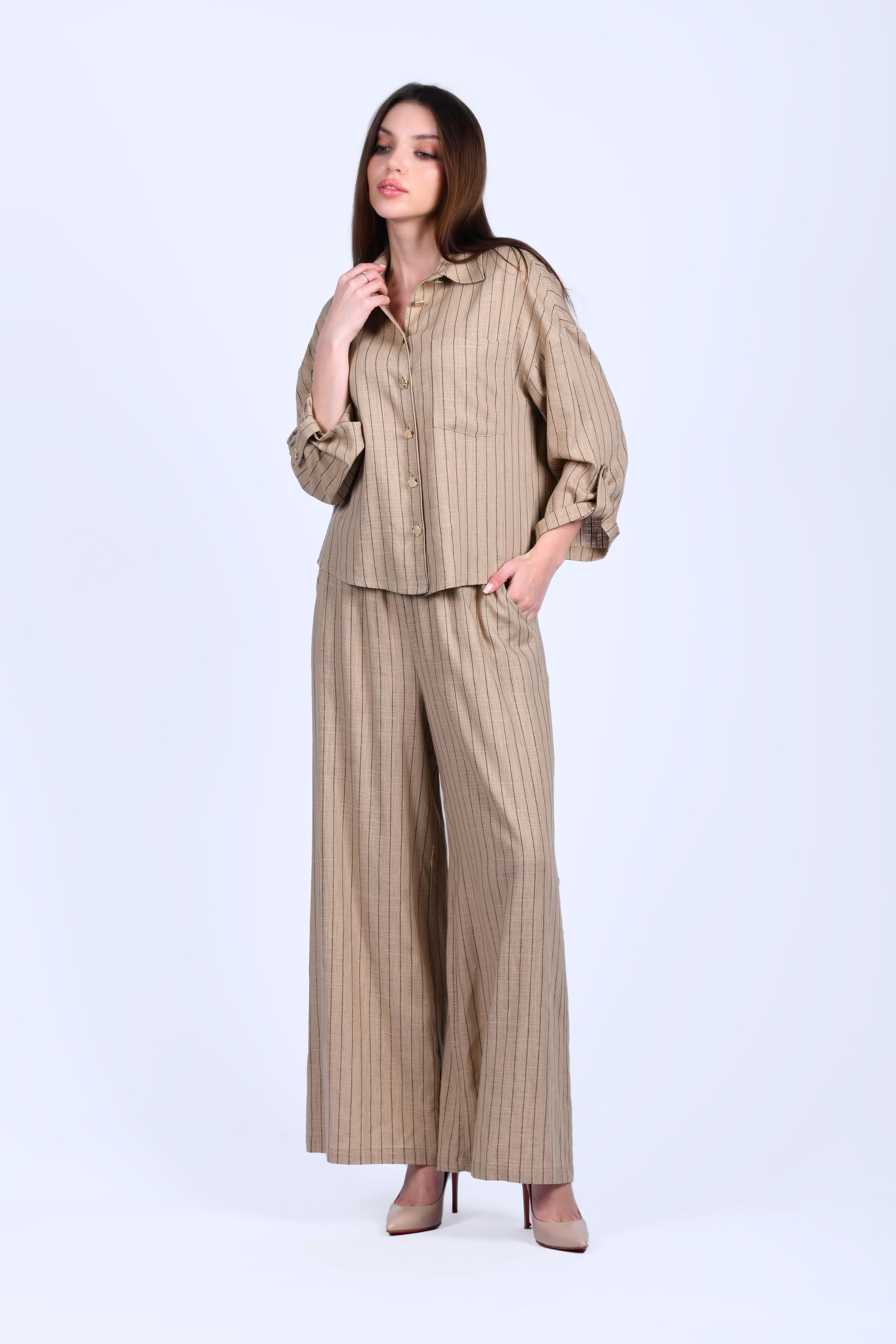 Kahve Çizgili Bol Keten Pantolon - QP170