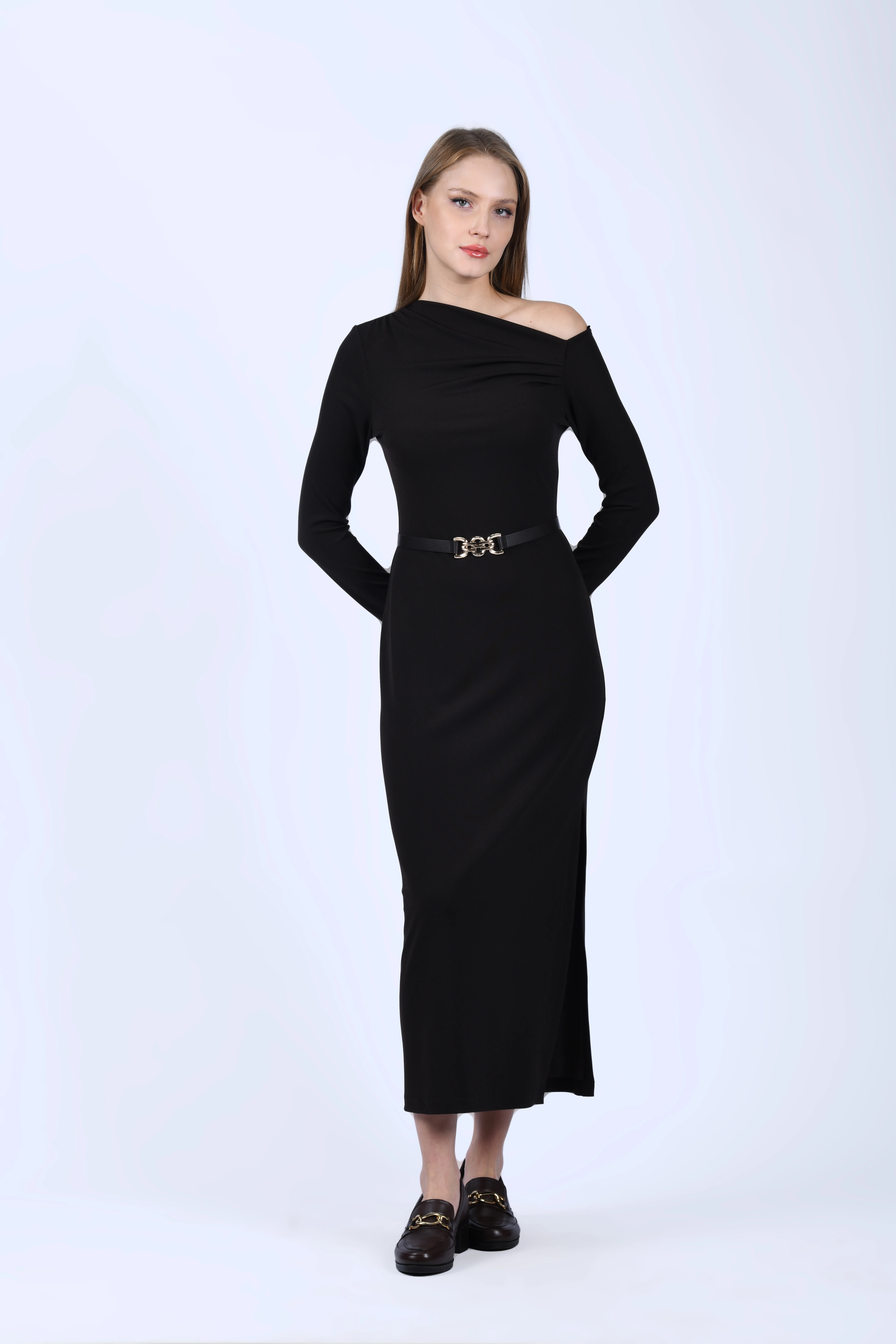 Kahve Omuz Detaylı Kemerli Midi Elbise - QE399