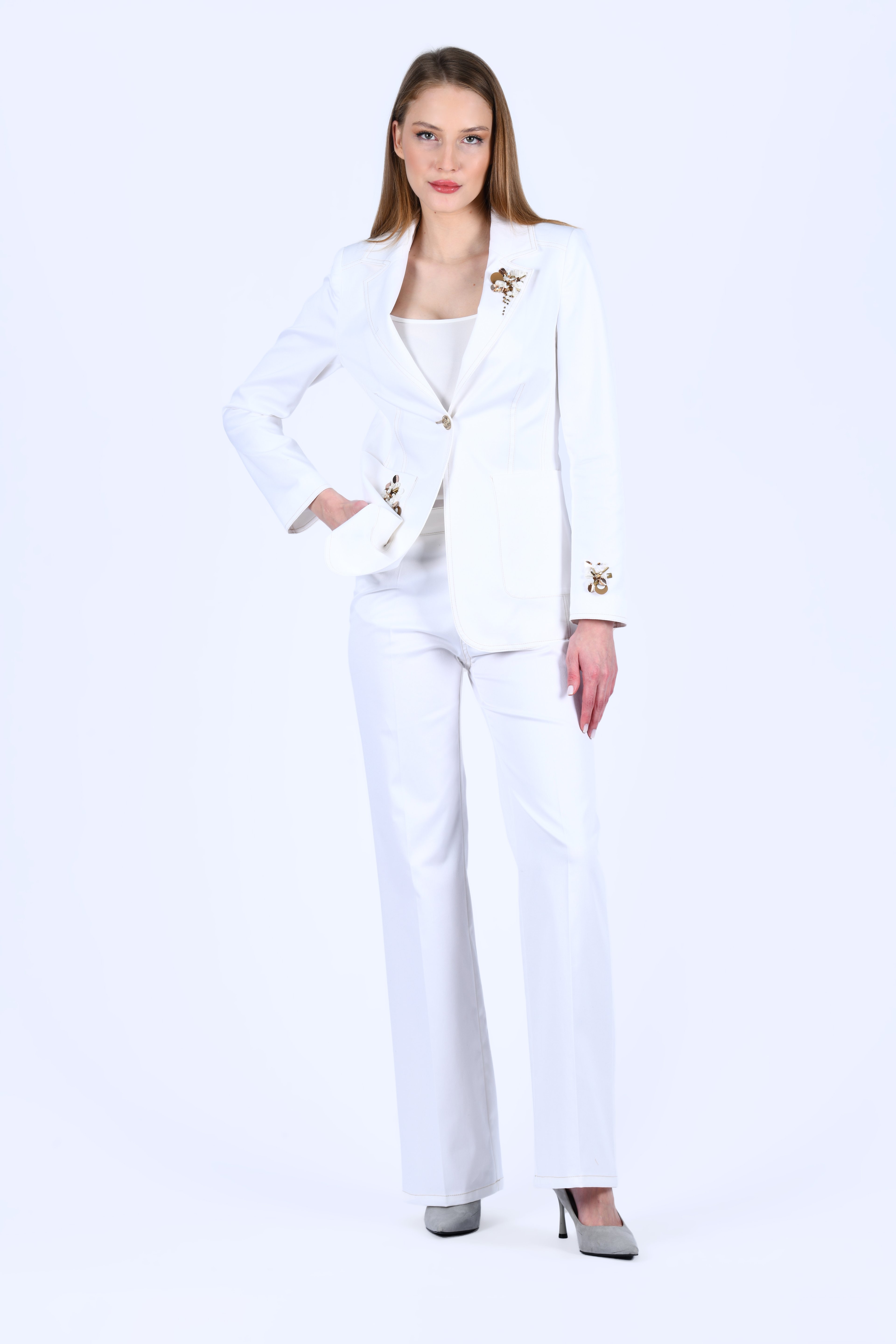Ecru İşleme Detaylı Blazer Ceket - LC114
