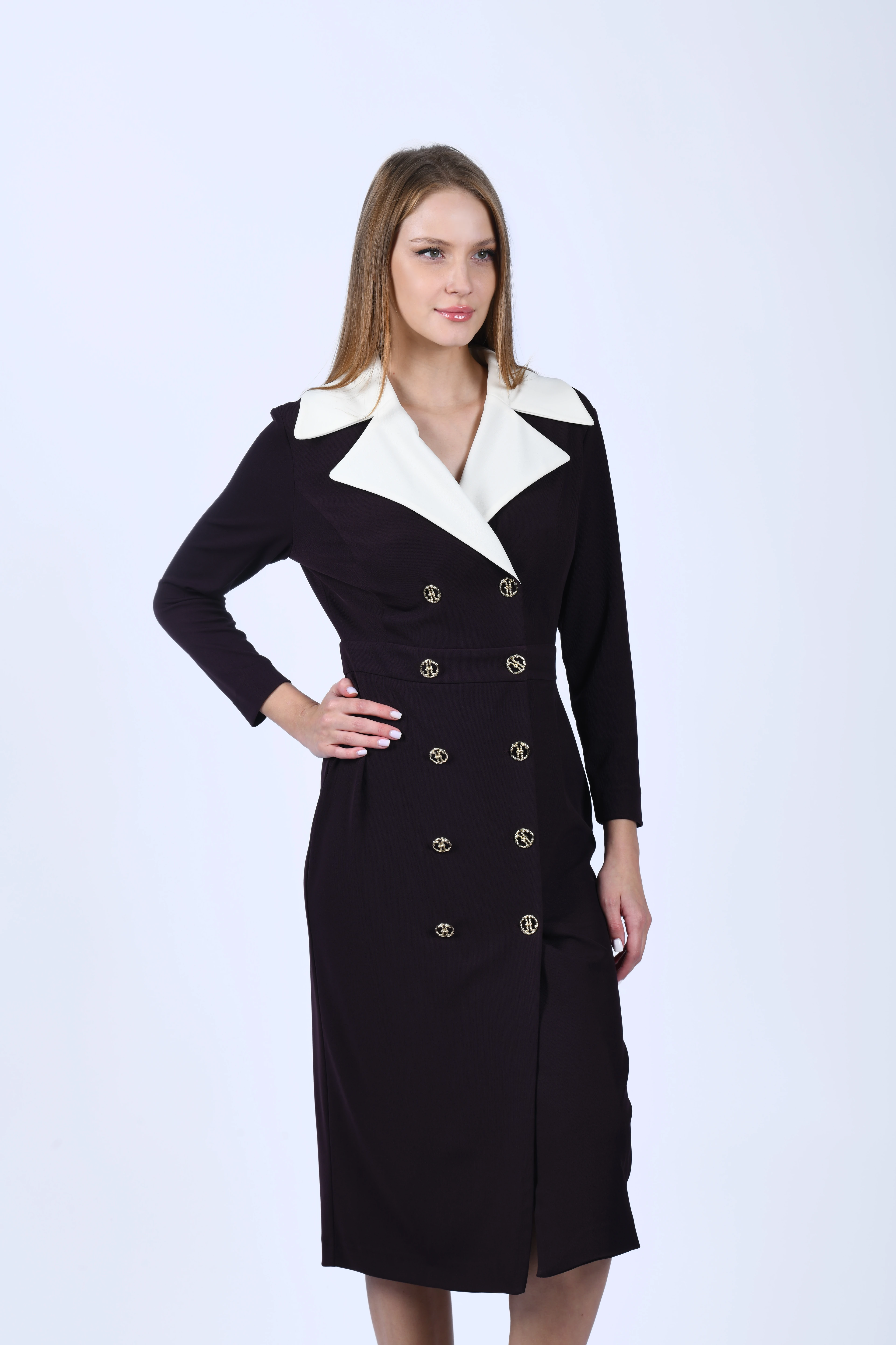 Mürdüm Kruvaze Geniş Yaka Elbise -  QE388