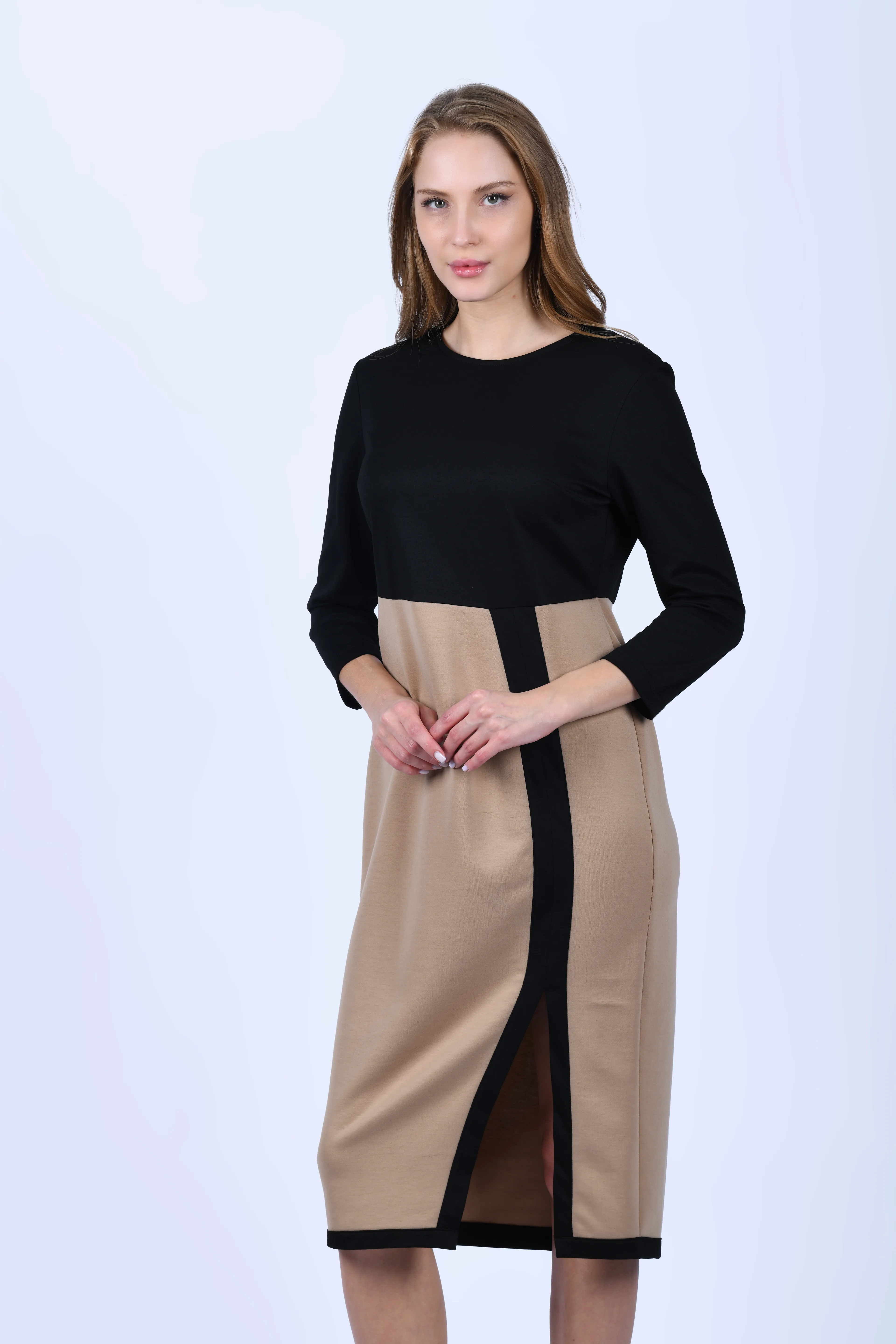 Kraft Siyah Çift Renk Midi Elbise - QE181