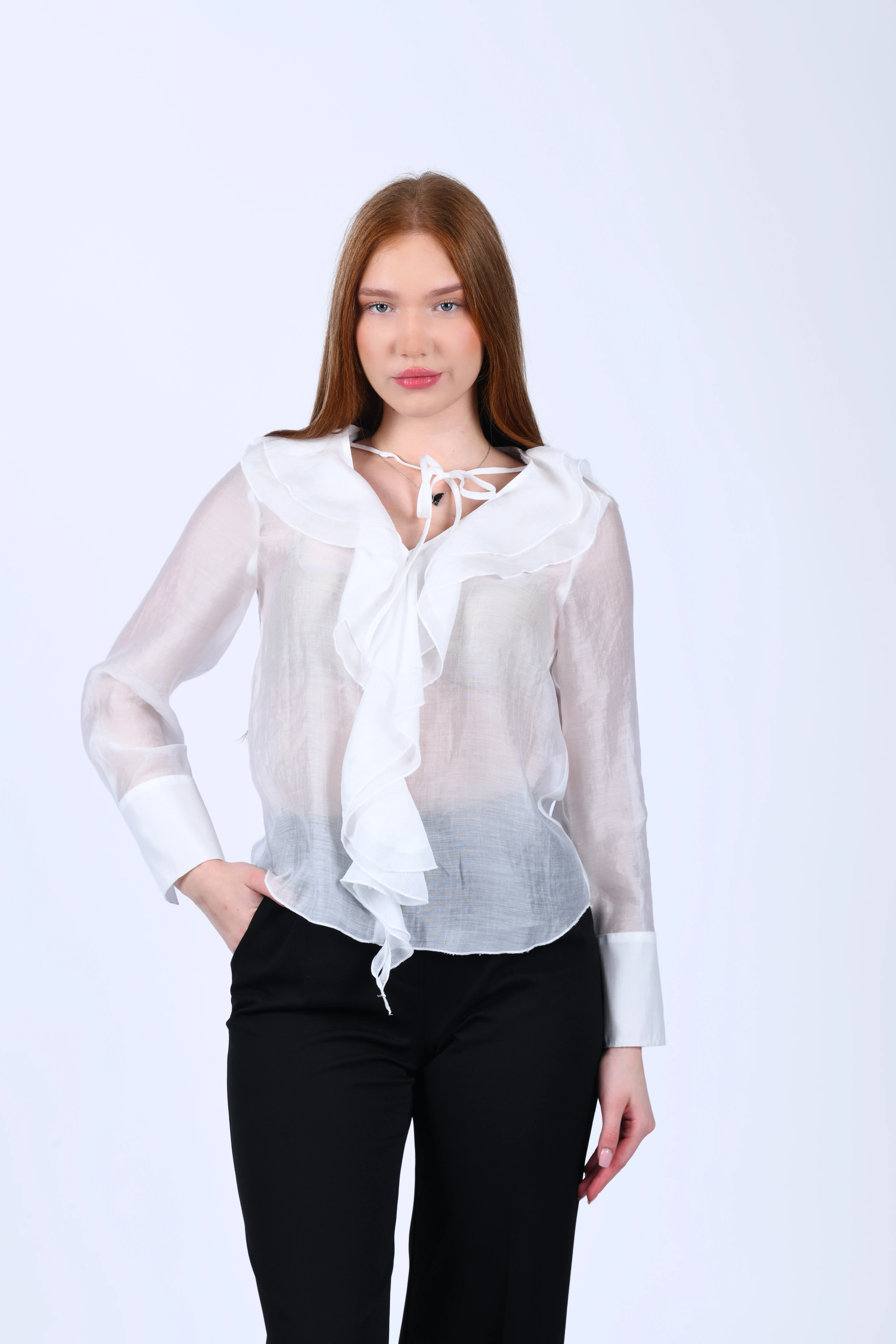 Ecru Volanlı Tül Bluz - QB201